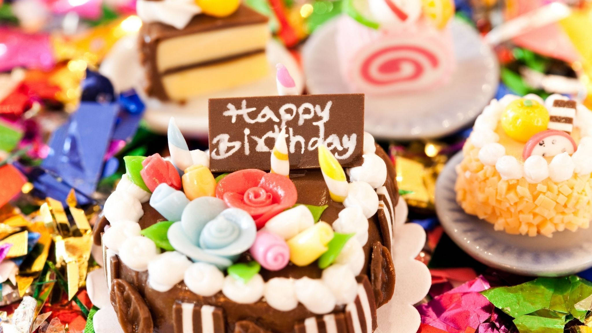 Happy Birthday, chocolate cake, colorful sugar flowers, Full HD Desktop Wallpaper
