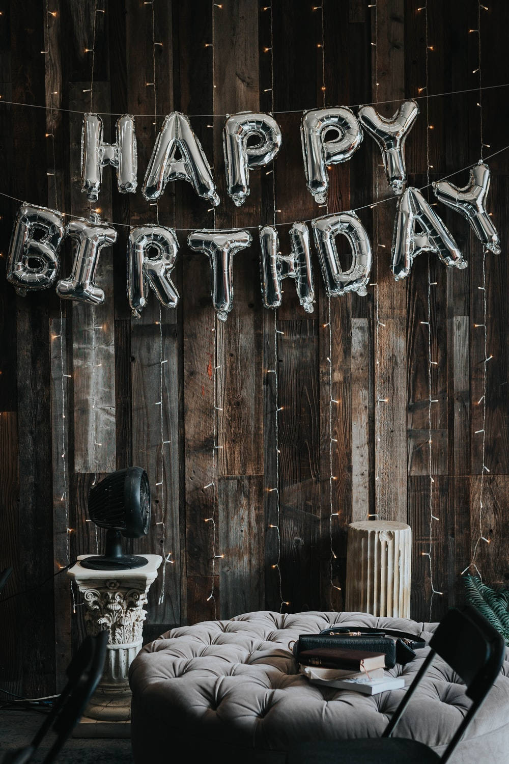 silver balloon letters, rustic wooden wall, string lights, HD Phone Wallpaper