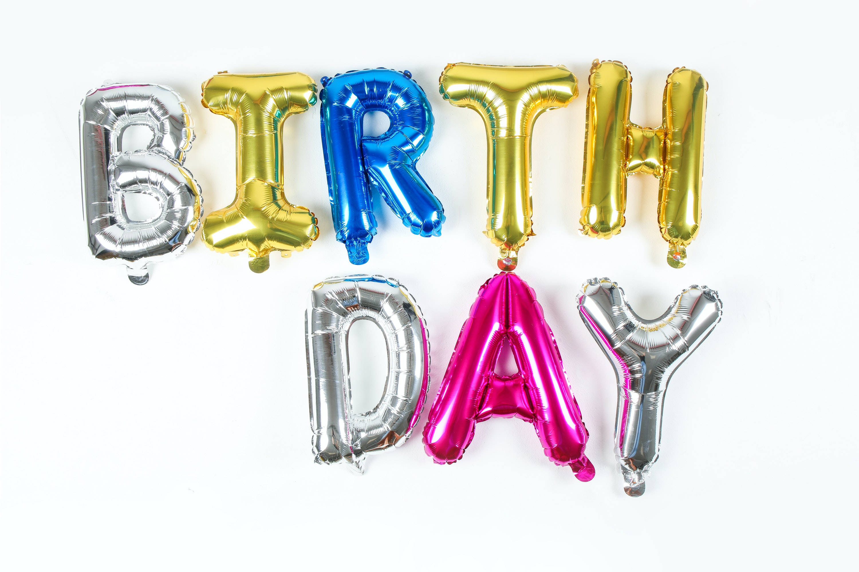 BIRTHDAY, colorful metallic balloons, vibrant colors, 2K Desktop Wallpaper