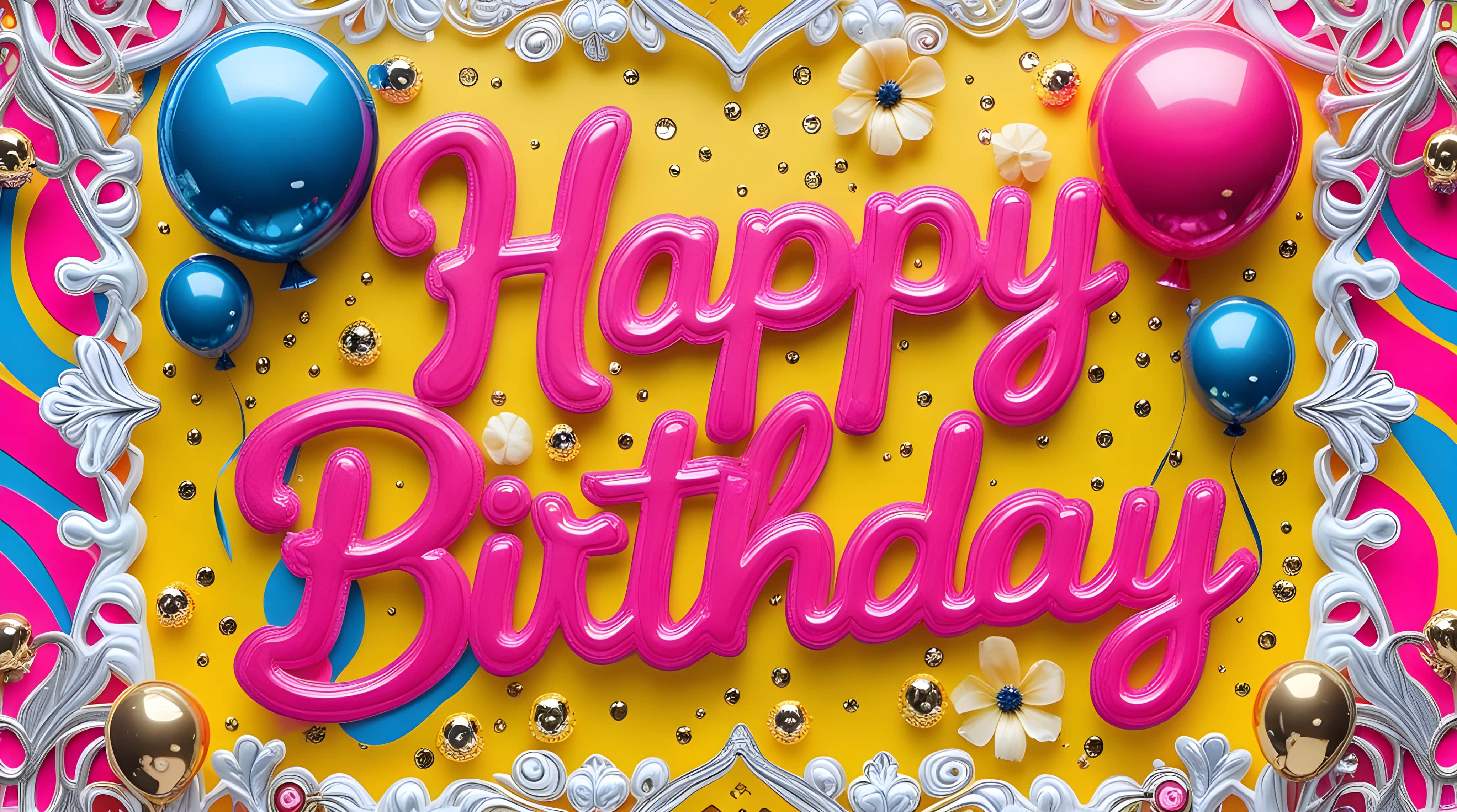 Vibrant yellow background, glossy pink 3d text, Happy Birthday, 4K Desktop Wallpaper