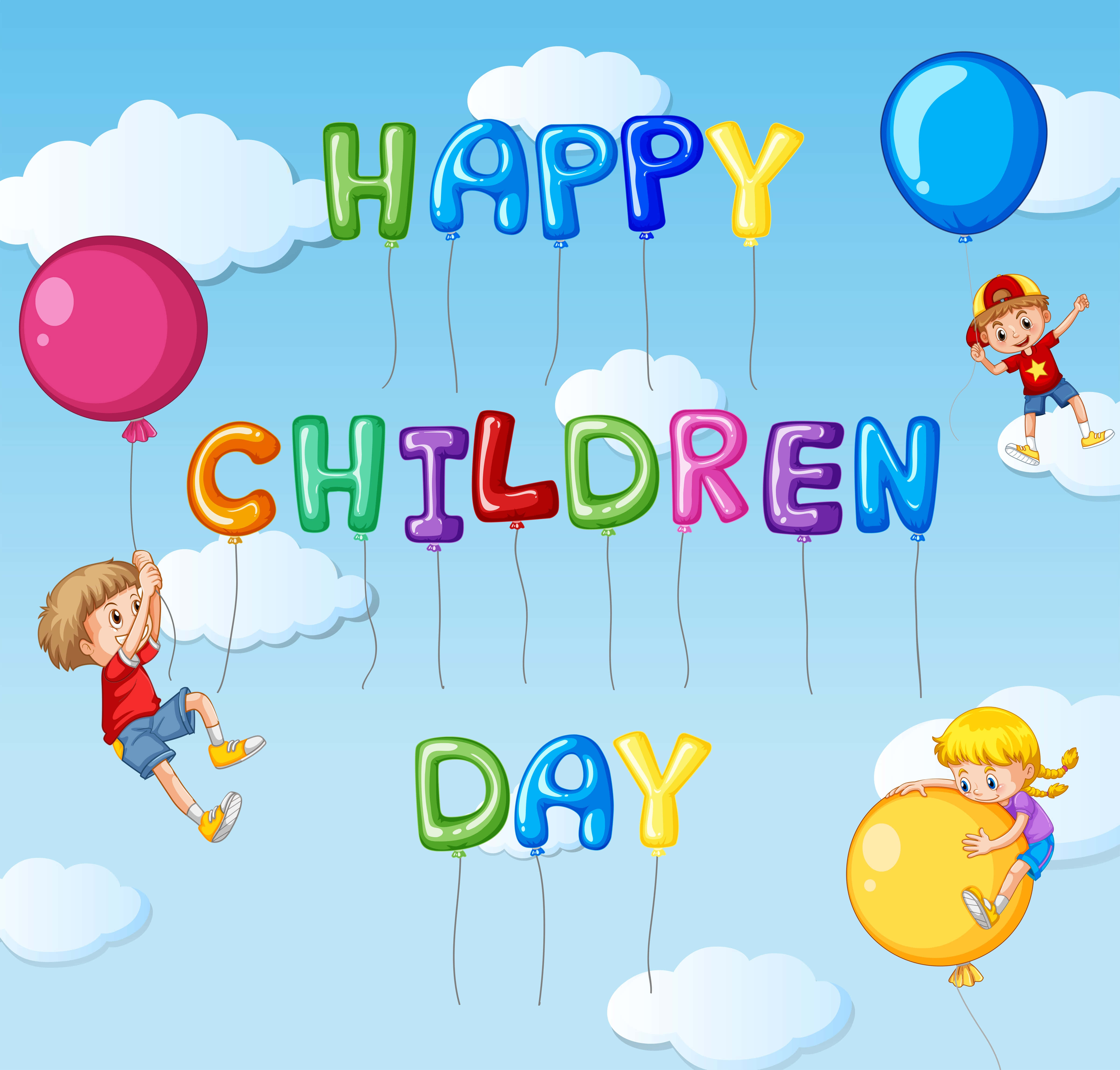 HAPPY CHILDREN DAY, bright blue sky, colorful balloons, 4K Desktop Wallpaper