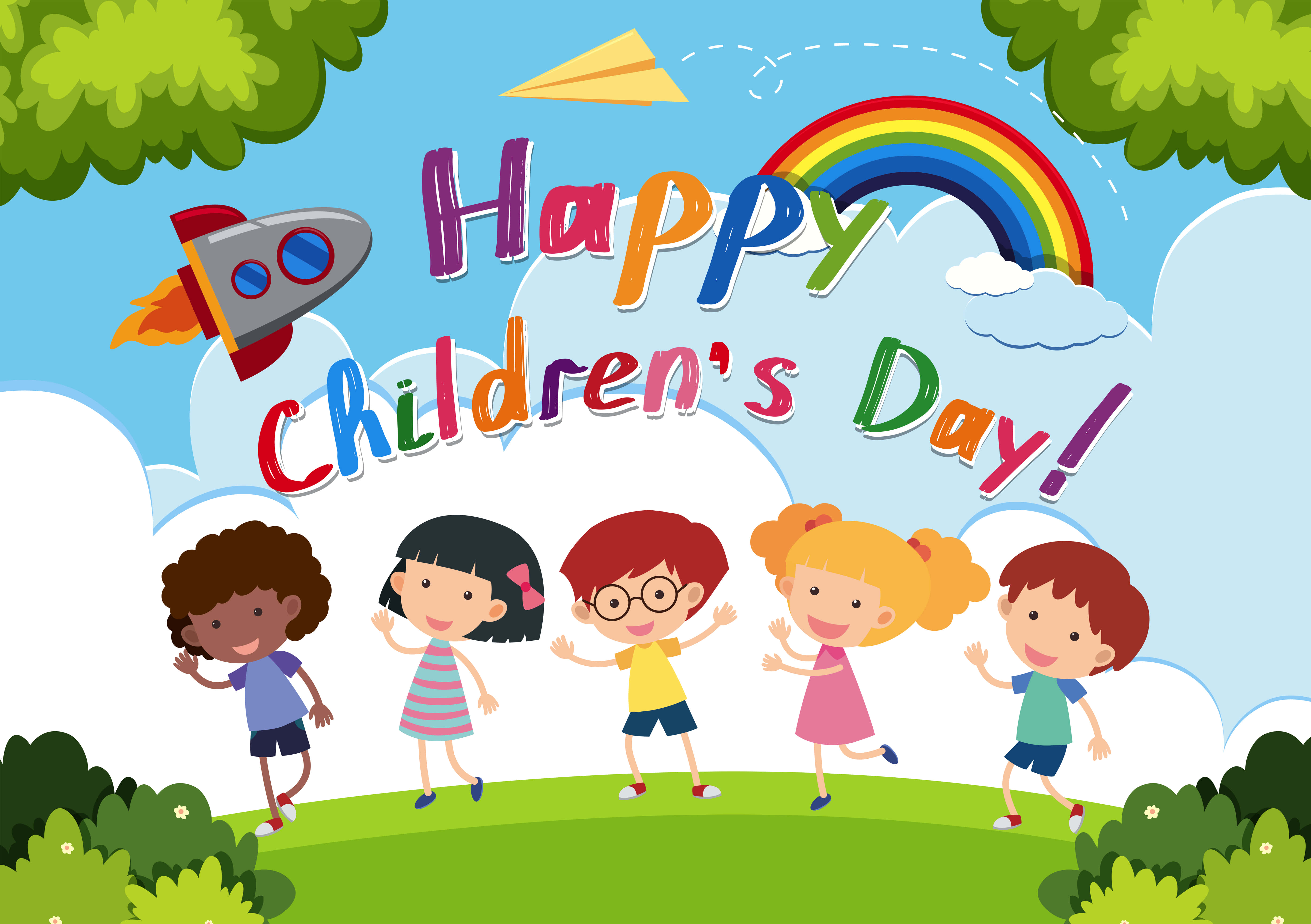 Happy Children's Day, rainbow, flying rocket, 5K Desktop Wallpaper