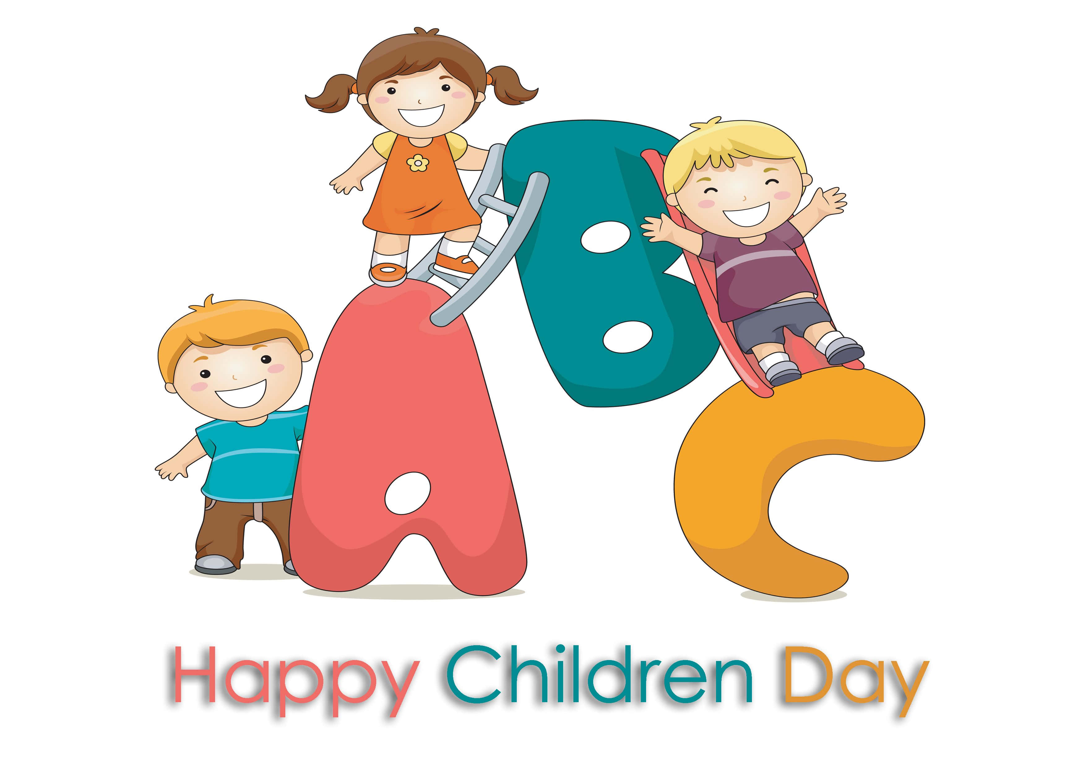 Happy Children’s Day, cartoon children, giant colorful alphabet letters, 2K Desktop Wallpaper