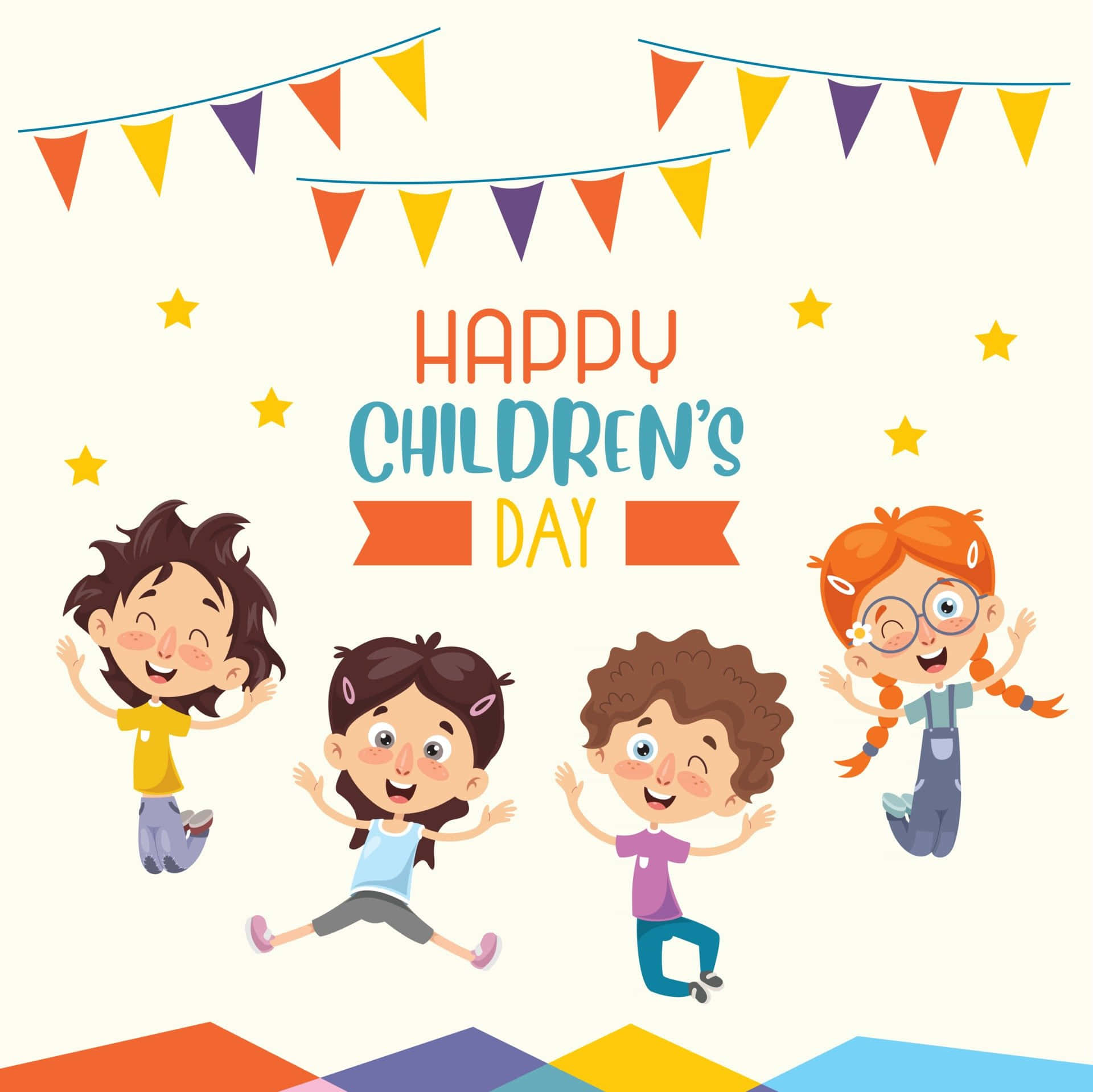 Happy Children's Day, cartoon children, colorful triangular flags, Full HD Desktop Wallpaper