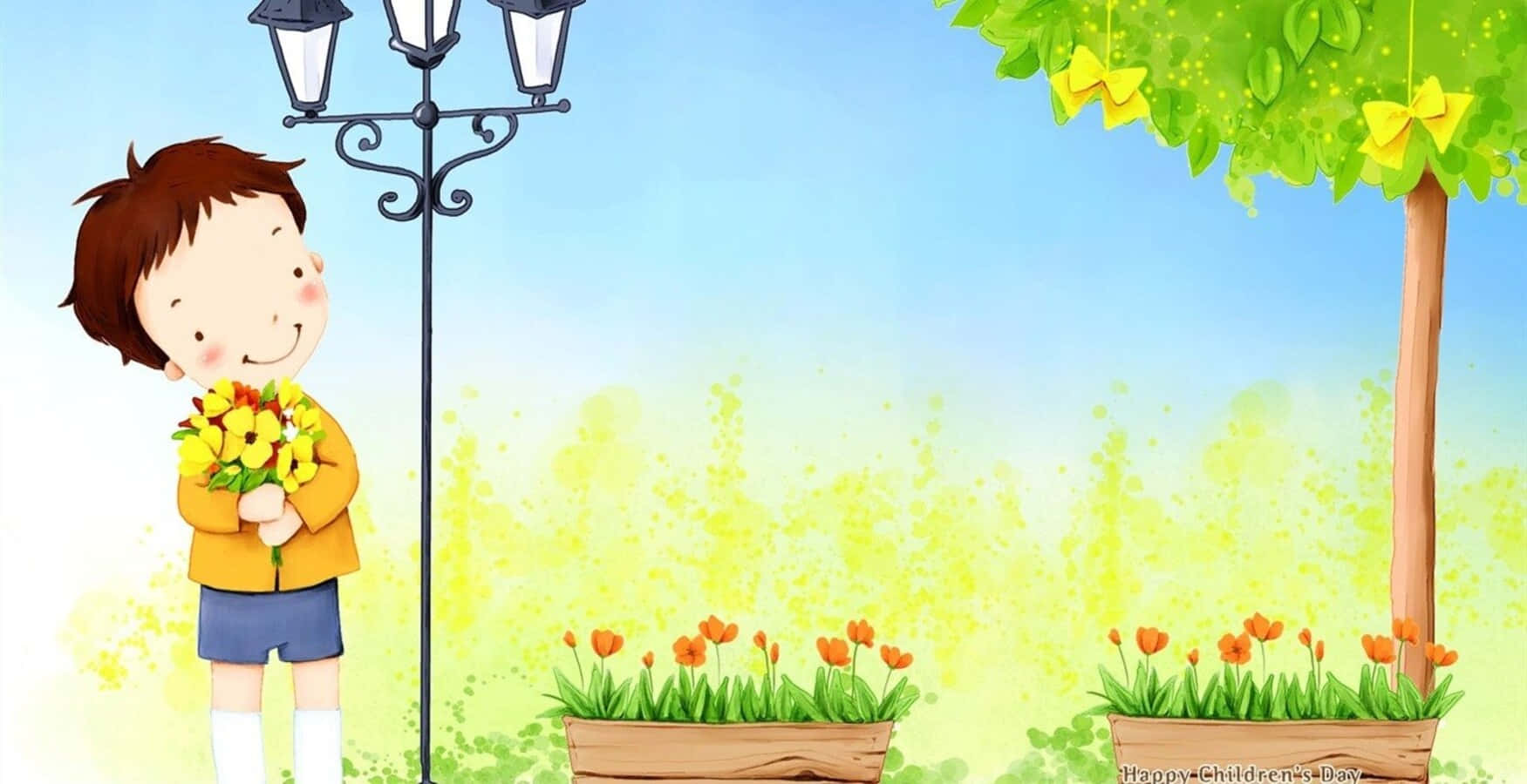 Happy Children's Day, yellow shirt, bouquet of yellow flowers, HD Desktop Wallpaper