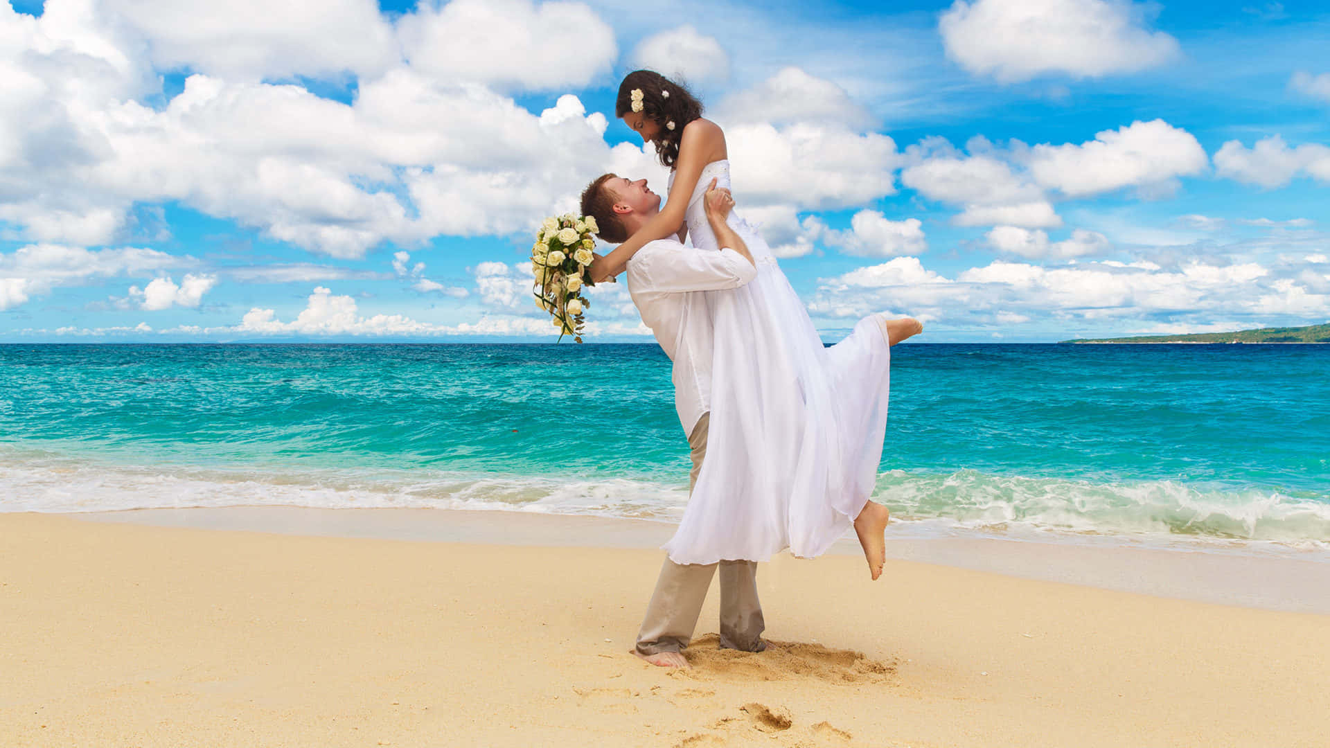 bride, groom, sunlit beach, Full HD Desktop Wallpaper