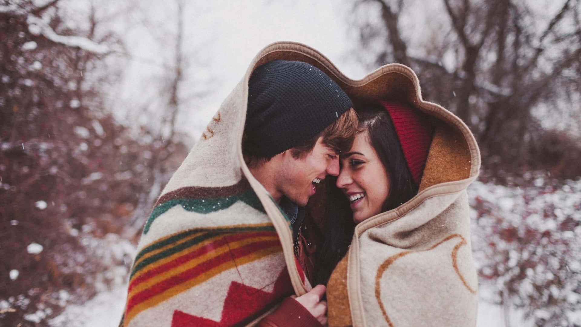 Happy Couple, snow, falling snow, Full HD Desktop Wallpaper