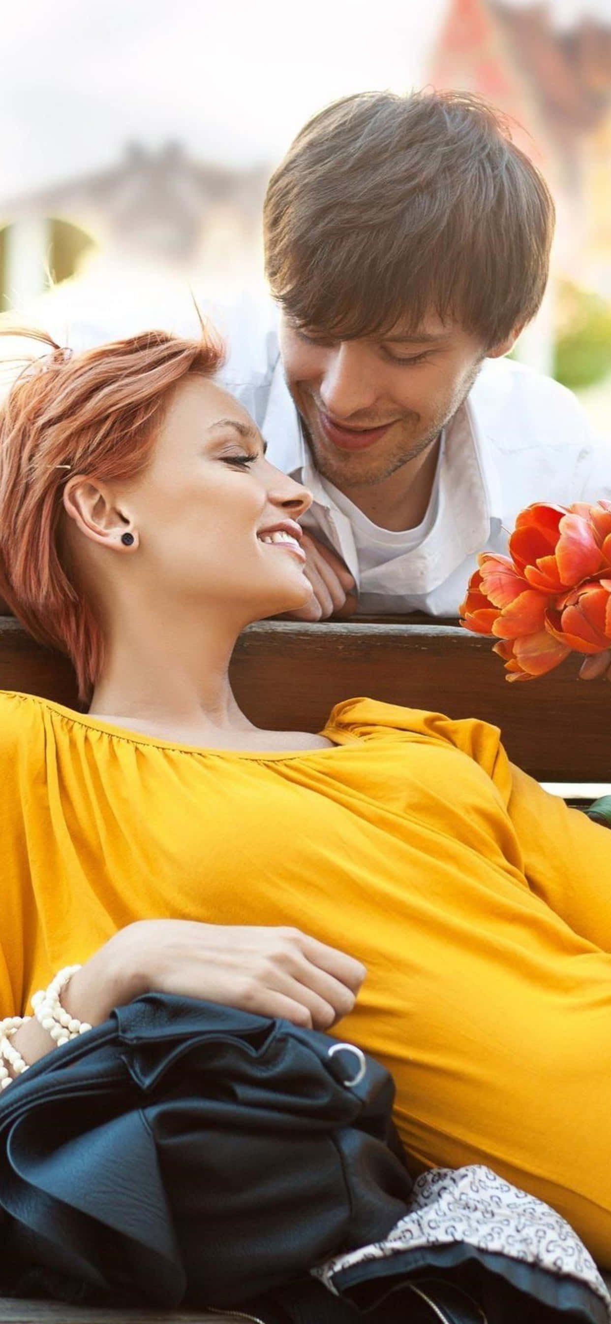 blissful couple, wooden bench, vibrant orange flowers, 2K Phone Wallpaper