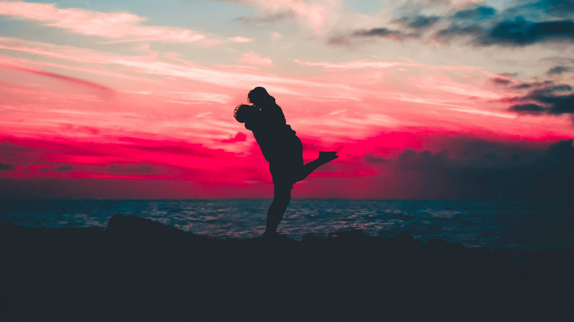 couple, cliff, sunset, Full HD Desktop Wallpaper