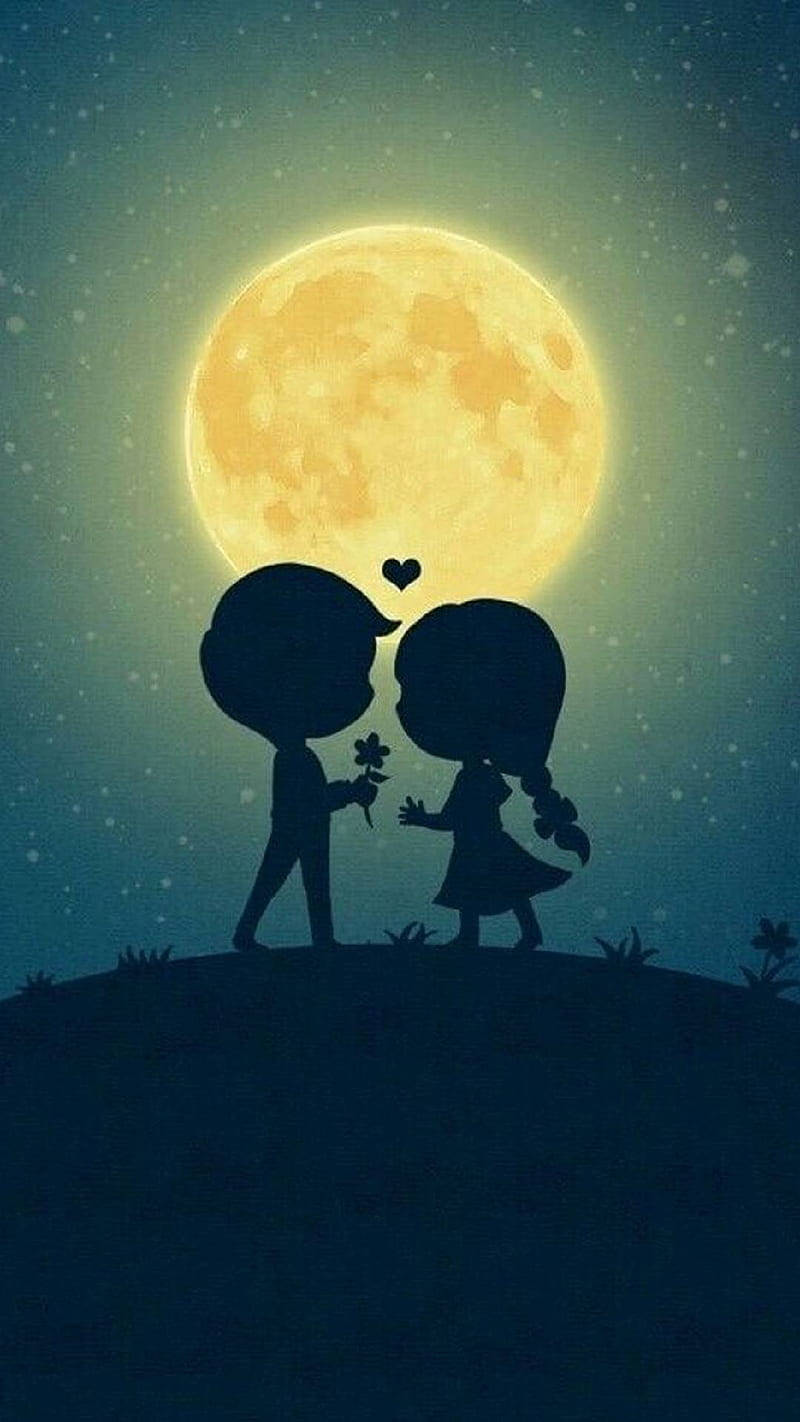 silhouetted couple, hill, glowing full moon, HD Phone Wallpaper