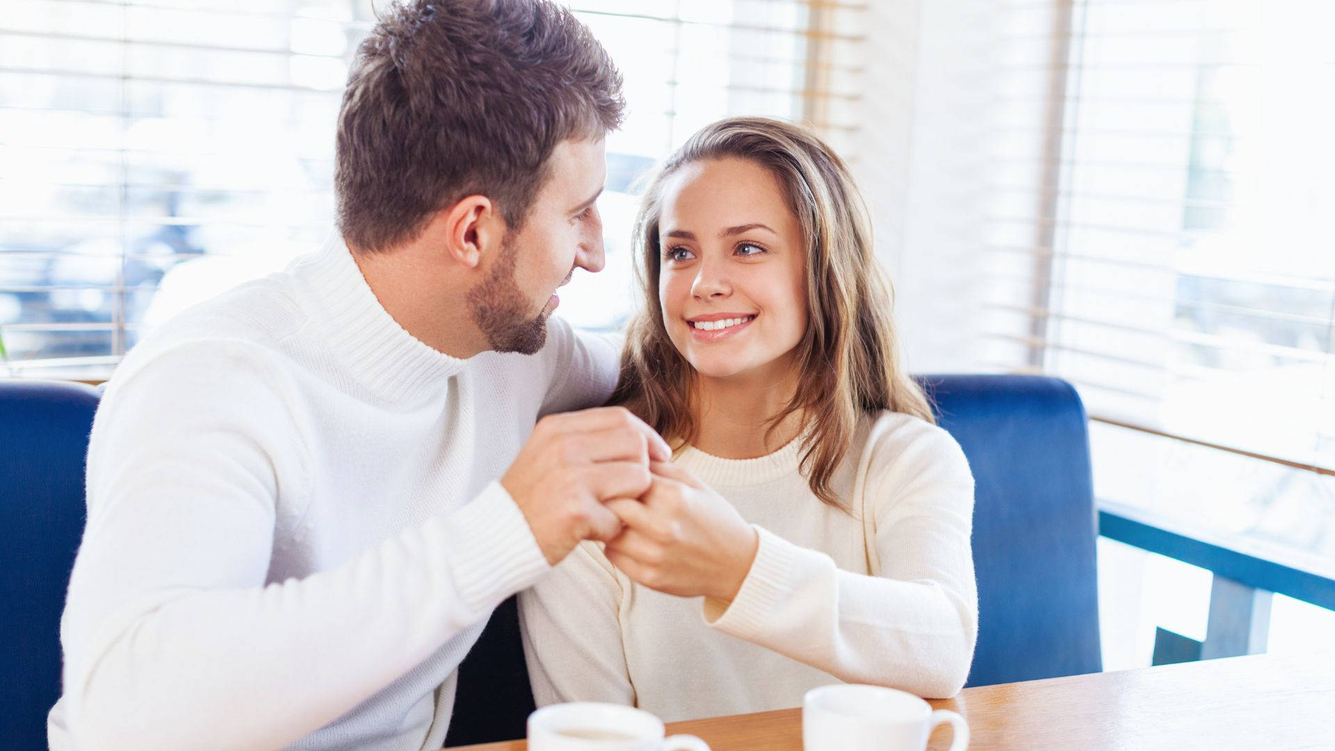 couple, cafe table, large windows, Full HD Desktop Wallpaper