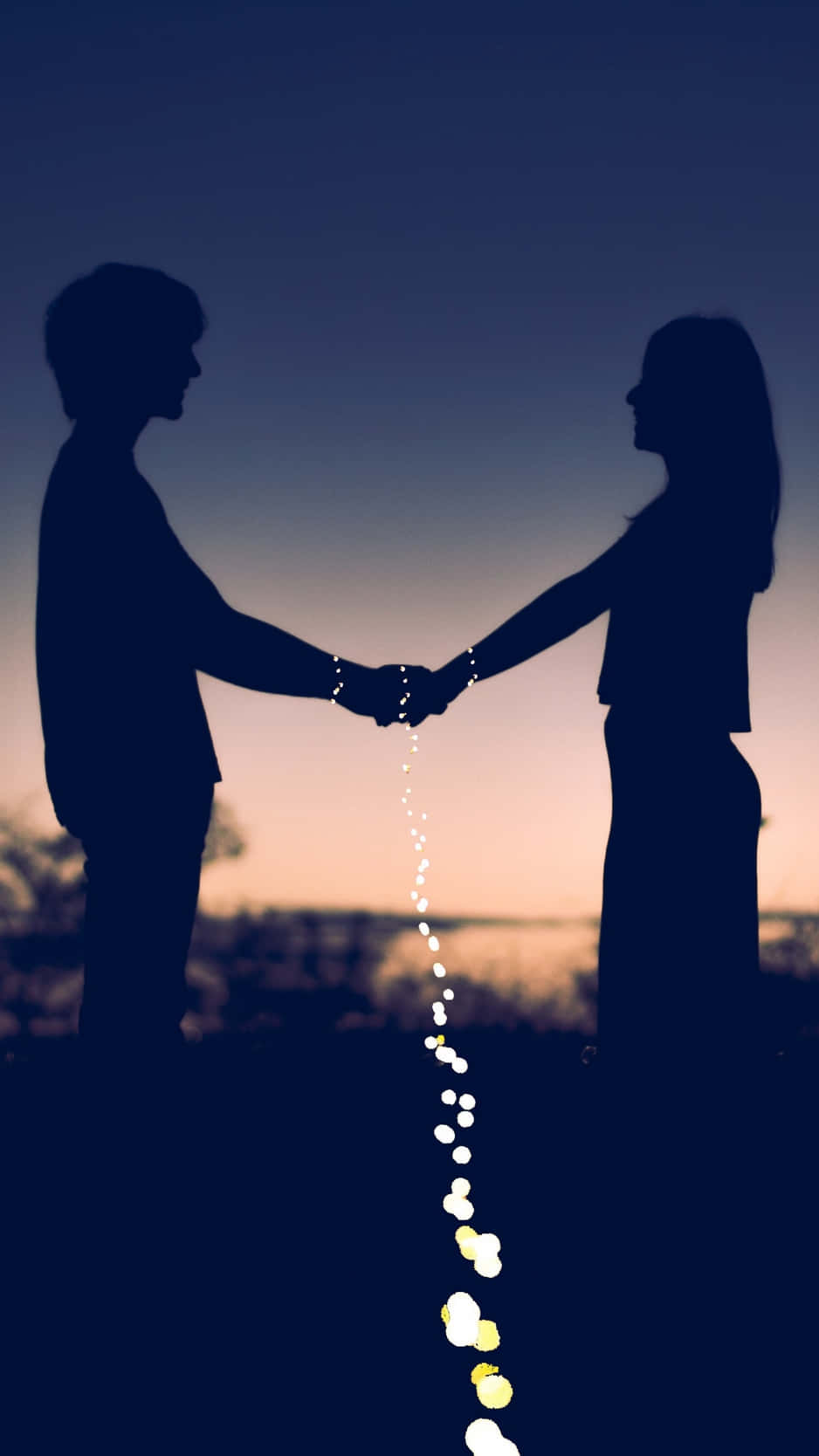 twilight sky, glowing string lights, silhouetted couple, HD Phone Wallpaper