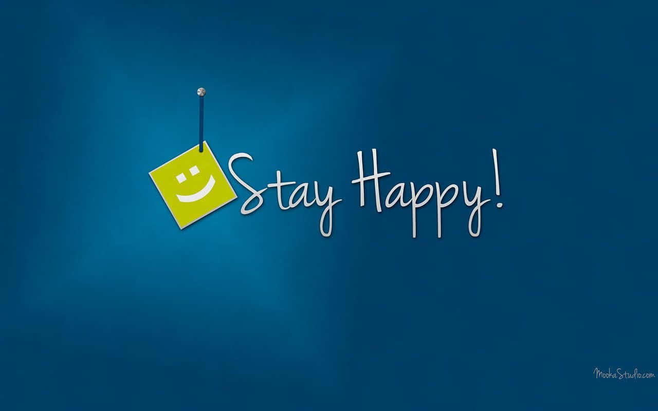 cheerful yellow sticky note, smiley face, cursive text 'Stay Happy!', HD Desktop Wallpaper