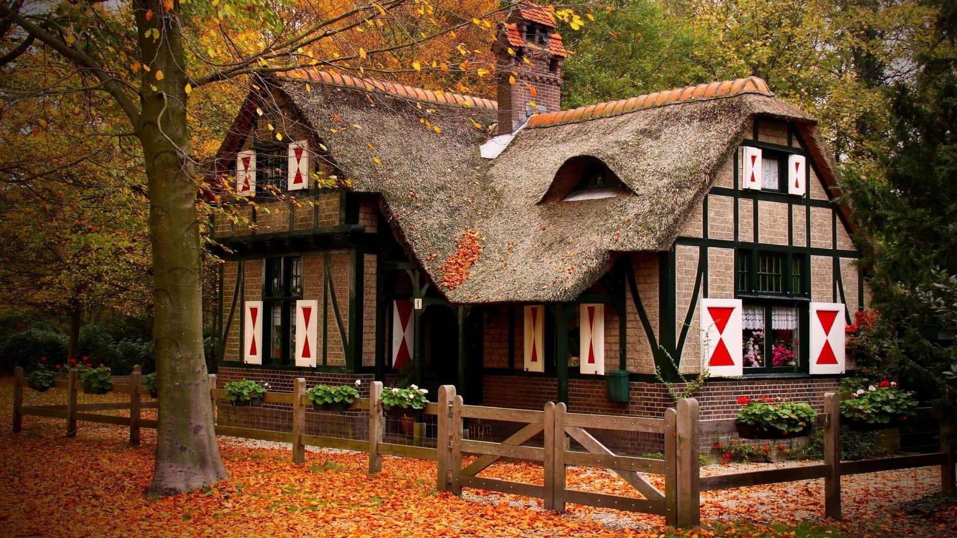 cozy desktop, thatched-roof cottage, red and white diamond shutters, Full HD Desktop Wallpaper