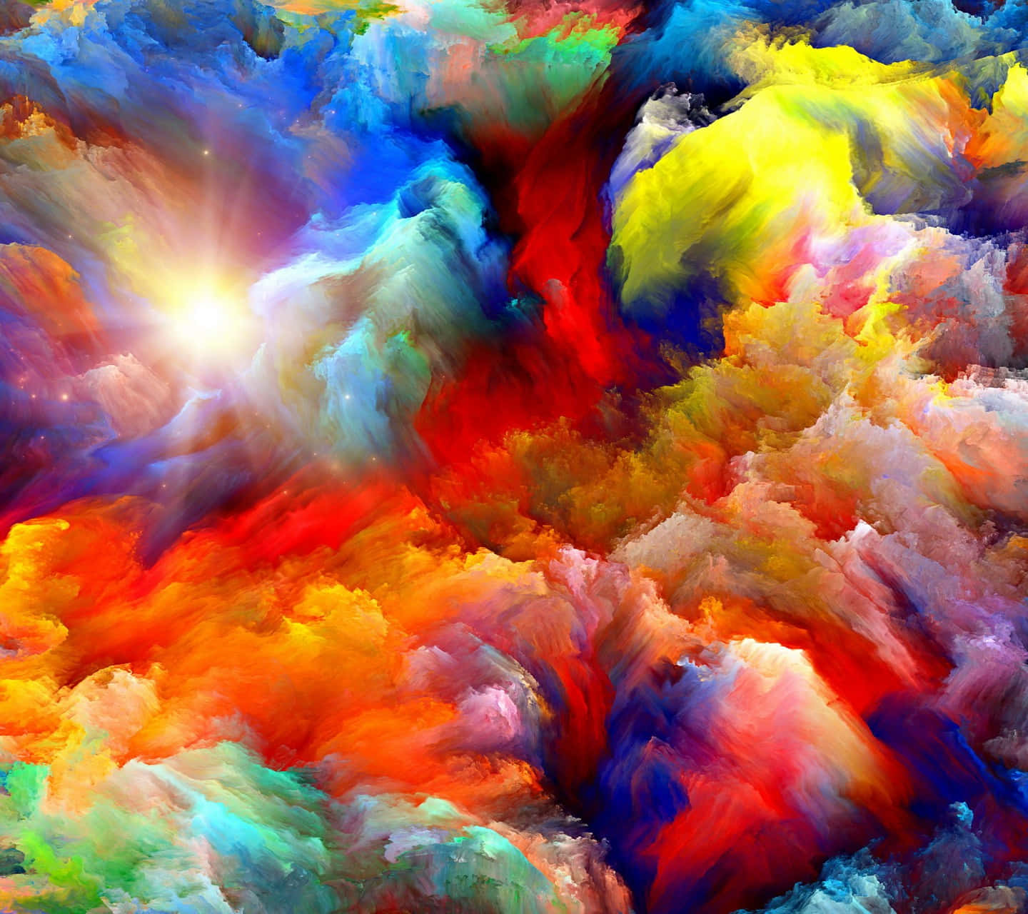 cosmic clouds, radiant explosion of color, bright central sunburst, HD Desktop Wallpaper