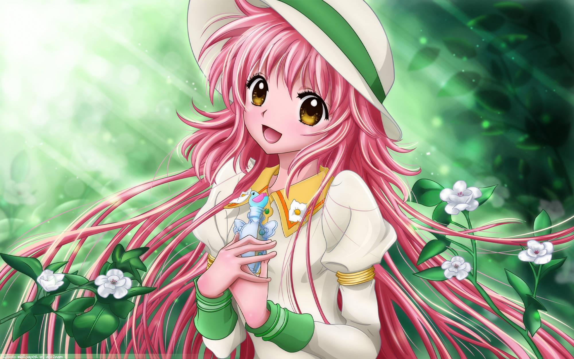 Happy Face Anime Girl, pink hair, white hat, Full HD Desktop Wallpaper