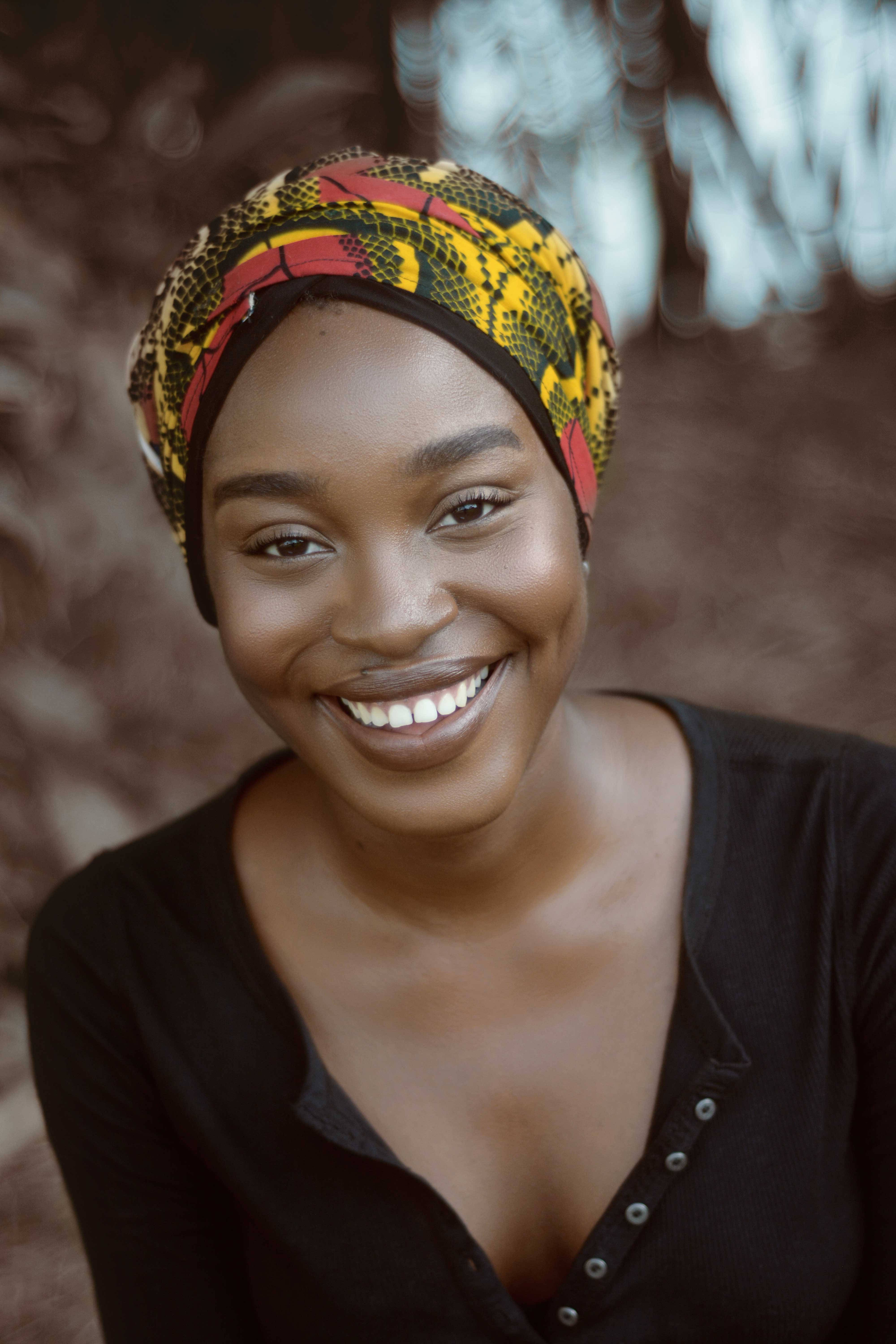 Happy Face Woman, turban, vibrant yellow red and black patterned headwrap, 5K Phone Wallpaper
