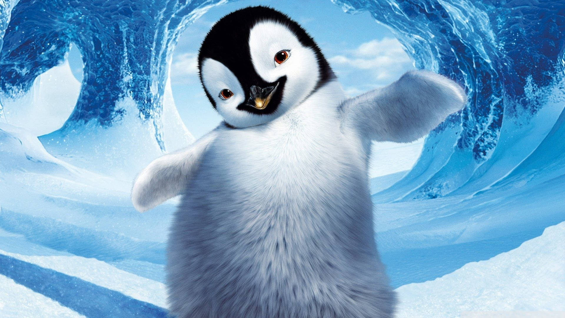 cute happy feet mumble, penguin, ice cave, Full HD Desktop Wallpaper