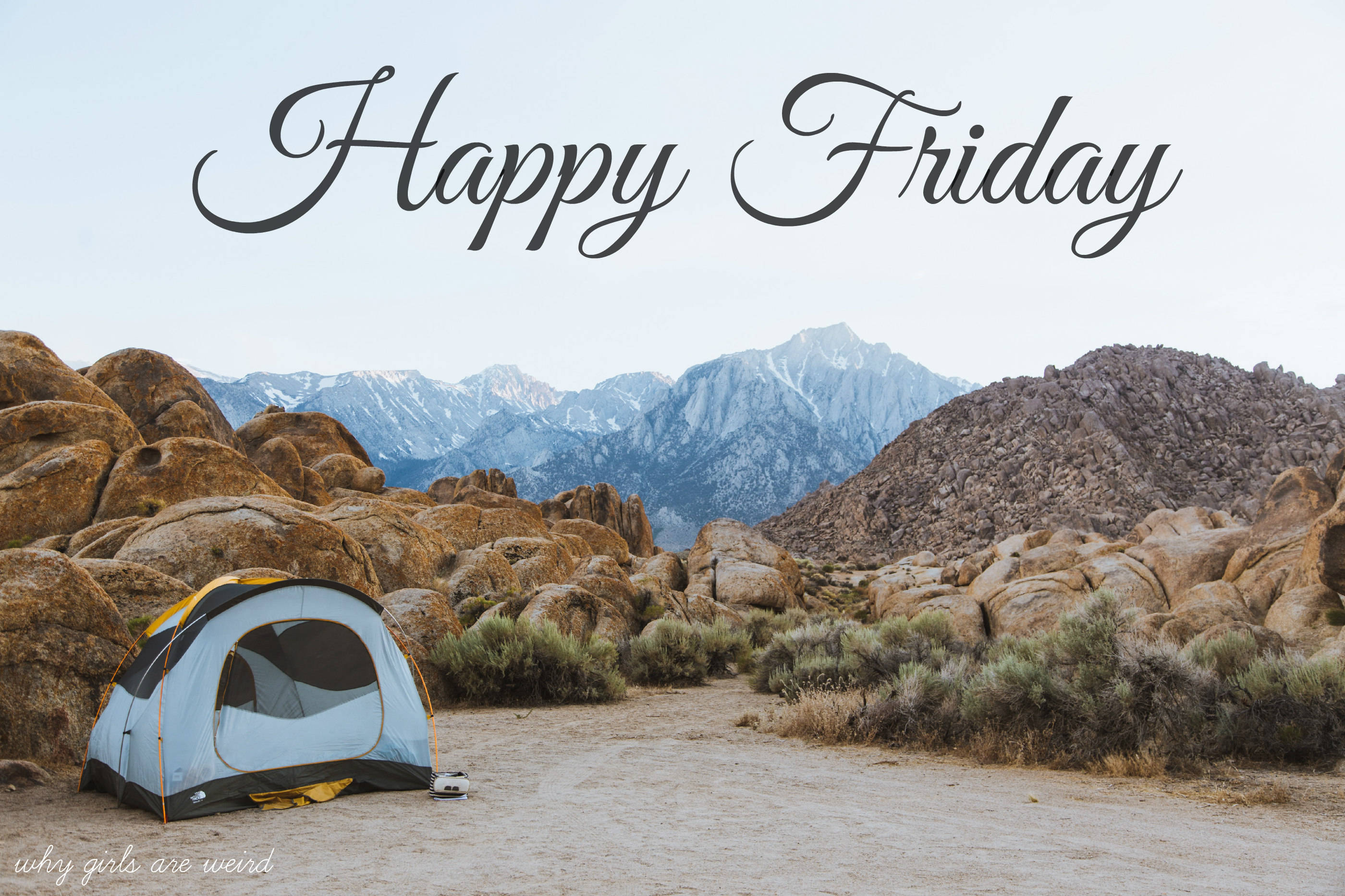 Happy Friday Camping Day, light blue tent, rugged boulders, 2K Desktop Wallpaper