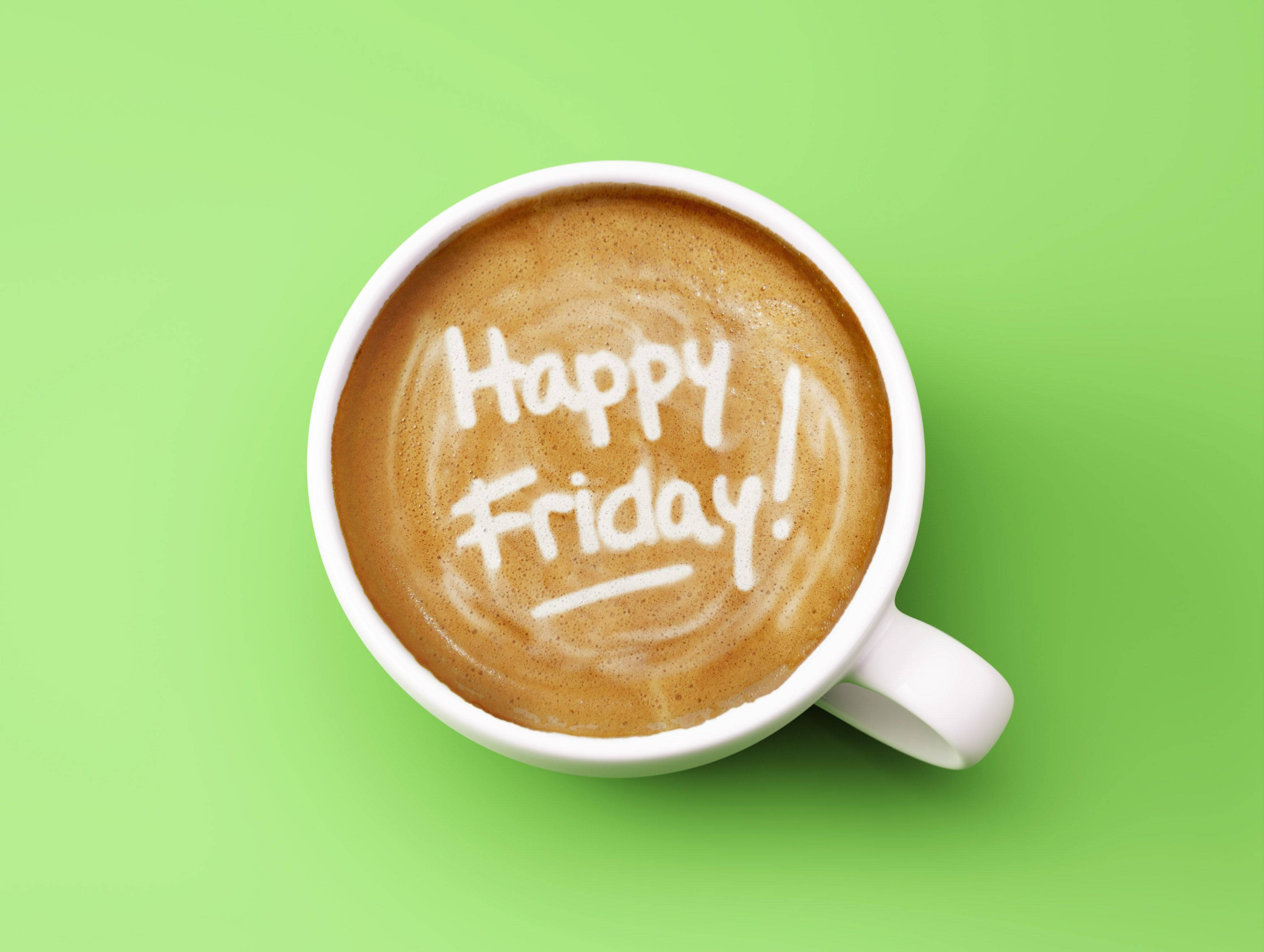 Happy Friday, cappuccino, white mug, 2K Desktop Wallpaper