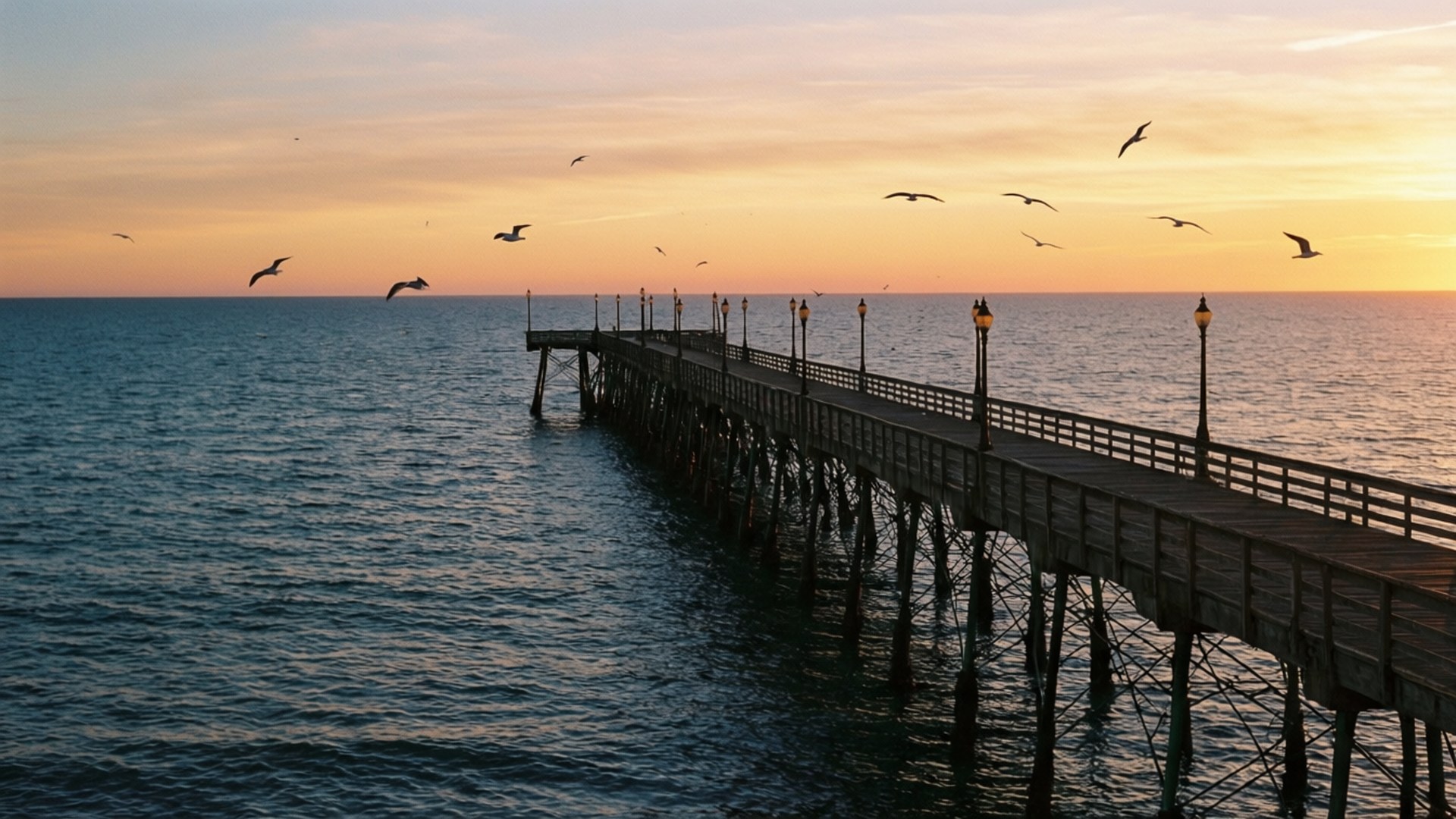 pier, sunset, calm ocean waters, Full HD Desktop Wallpaper