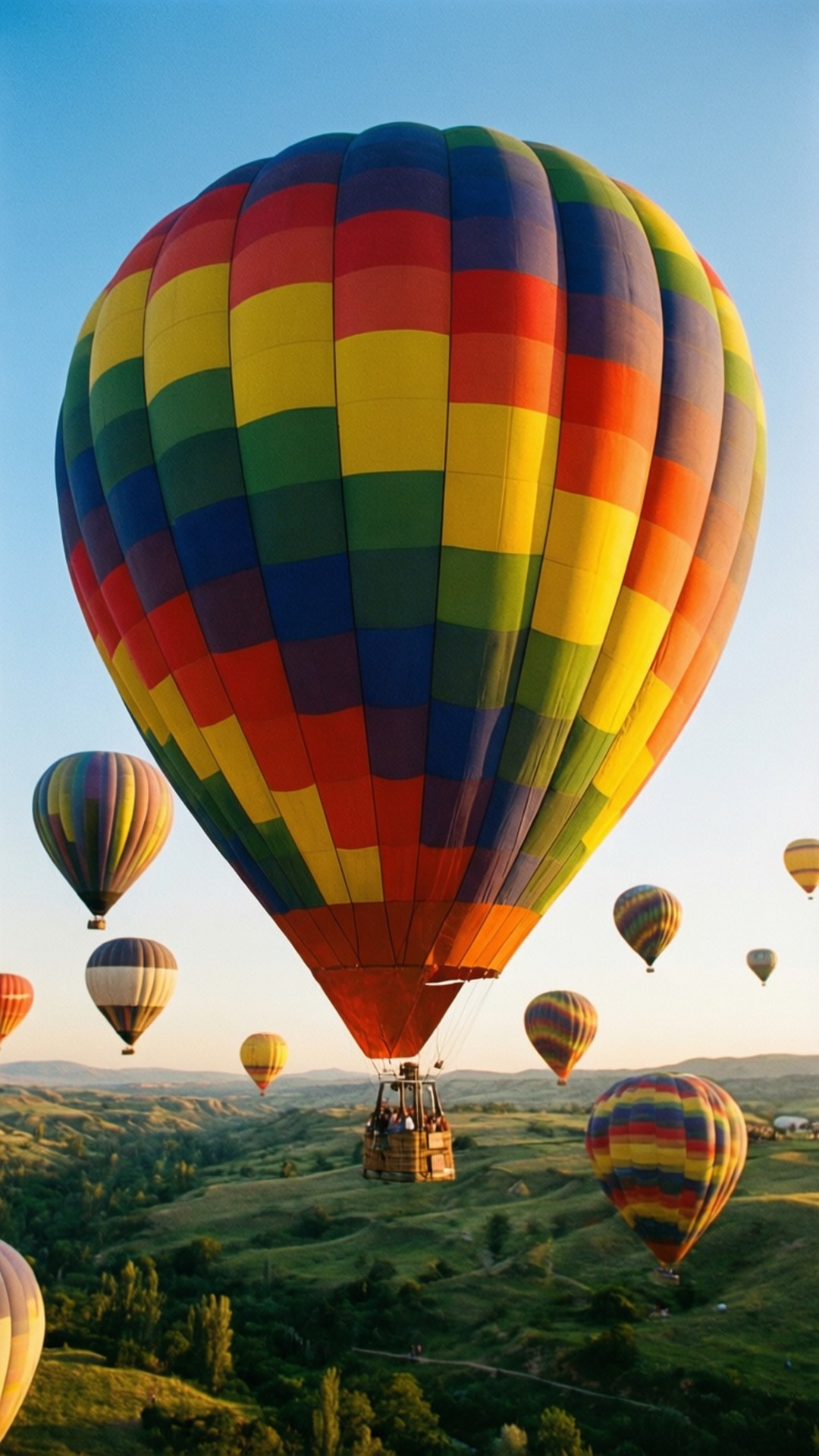 rainbow hot air balloon, rolling green hills, smaller balloons, Full HD Phone Wallpaper