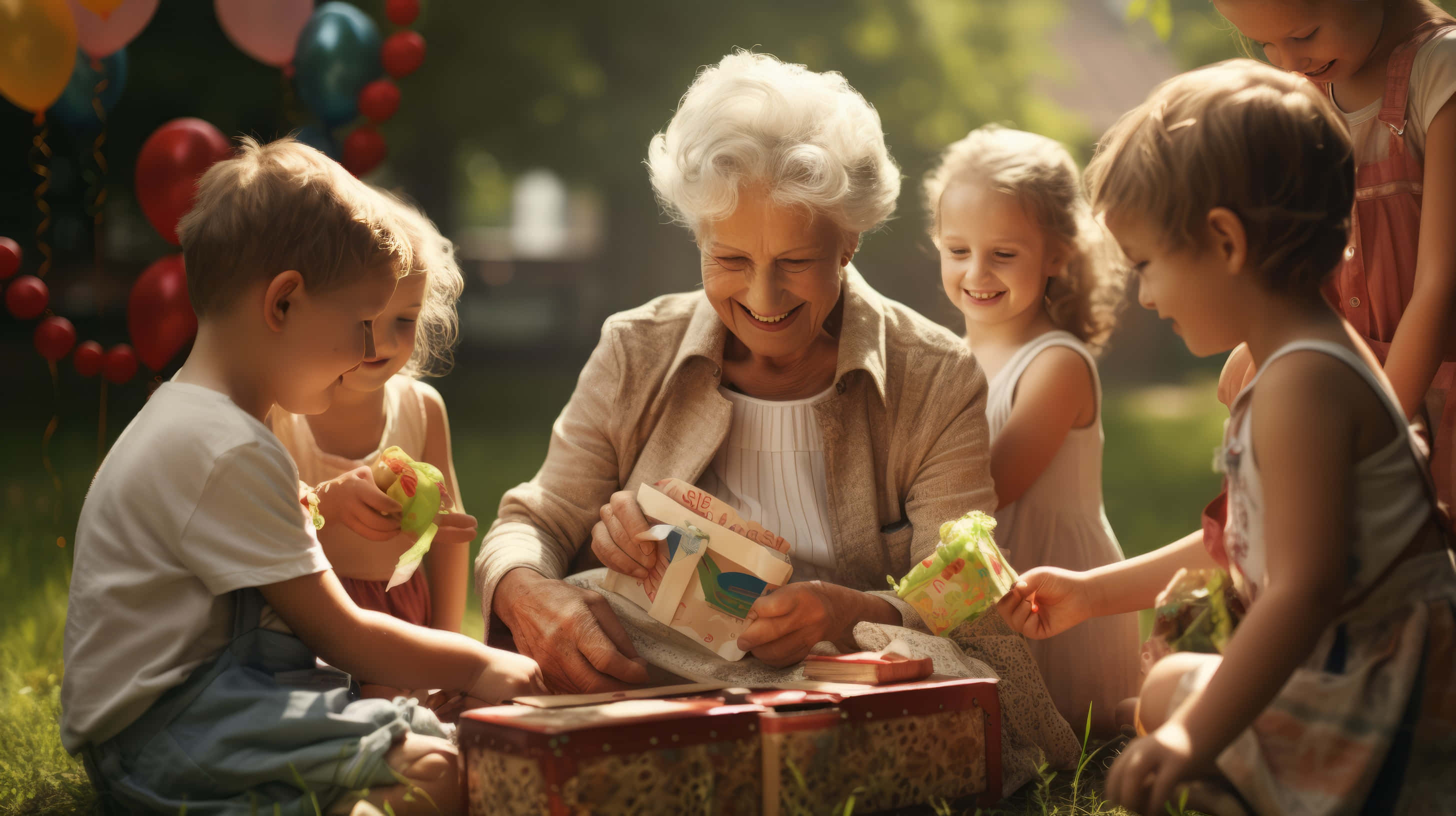 grandma, children, grass, 2K Desktop Wallpaper