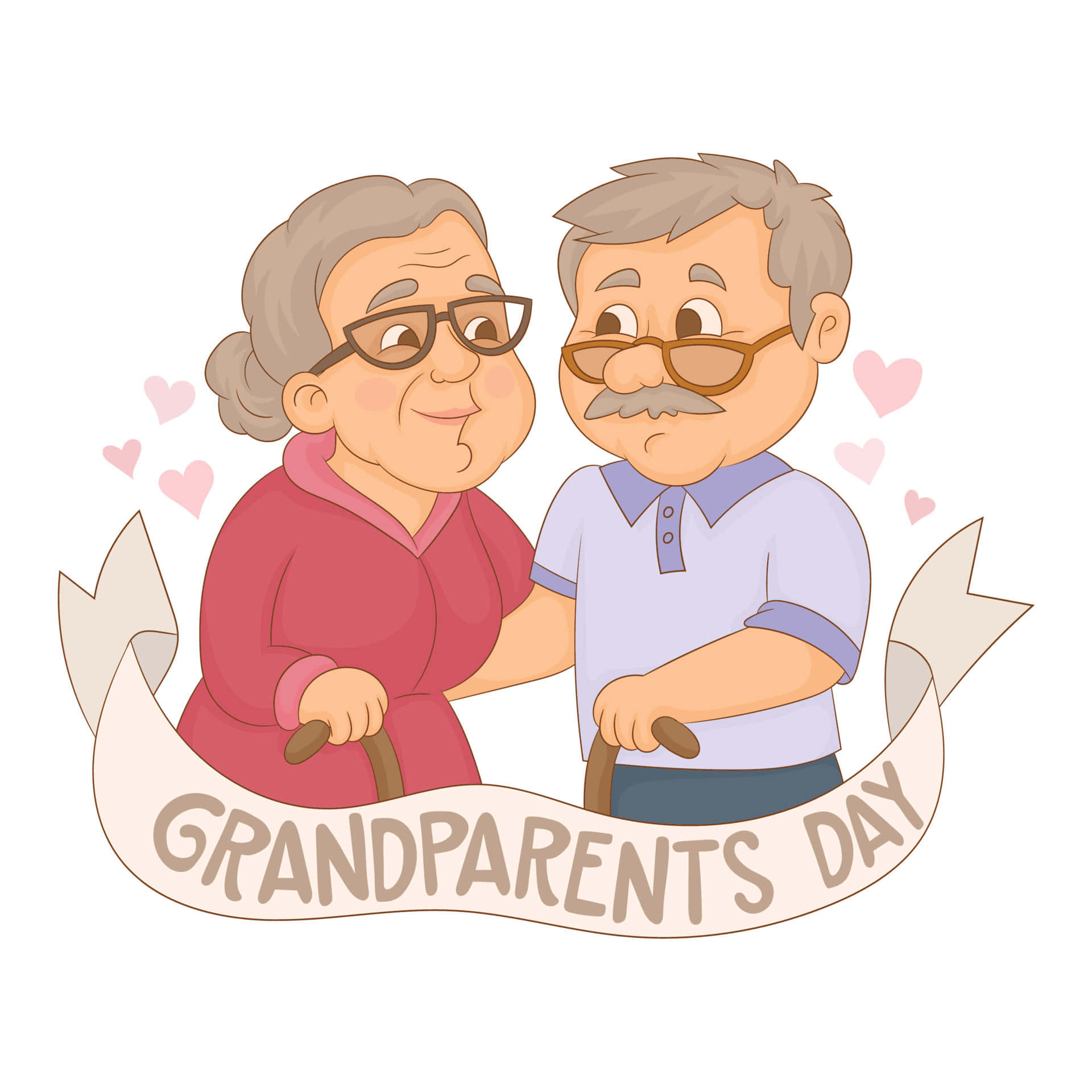 Grandparents Day, cartoon elderly couple, canes, Full HD Desktop Wallpaper