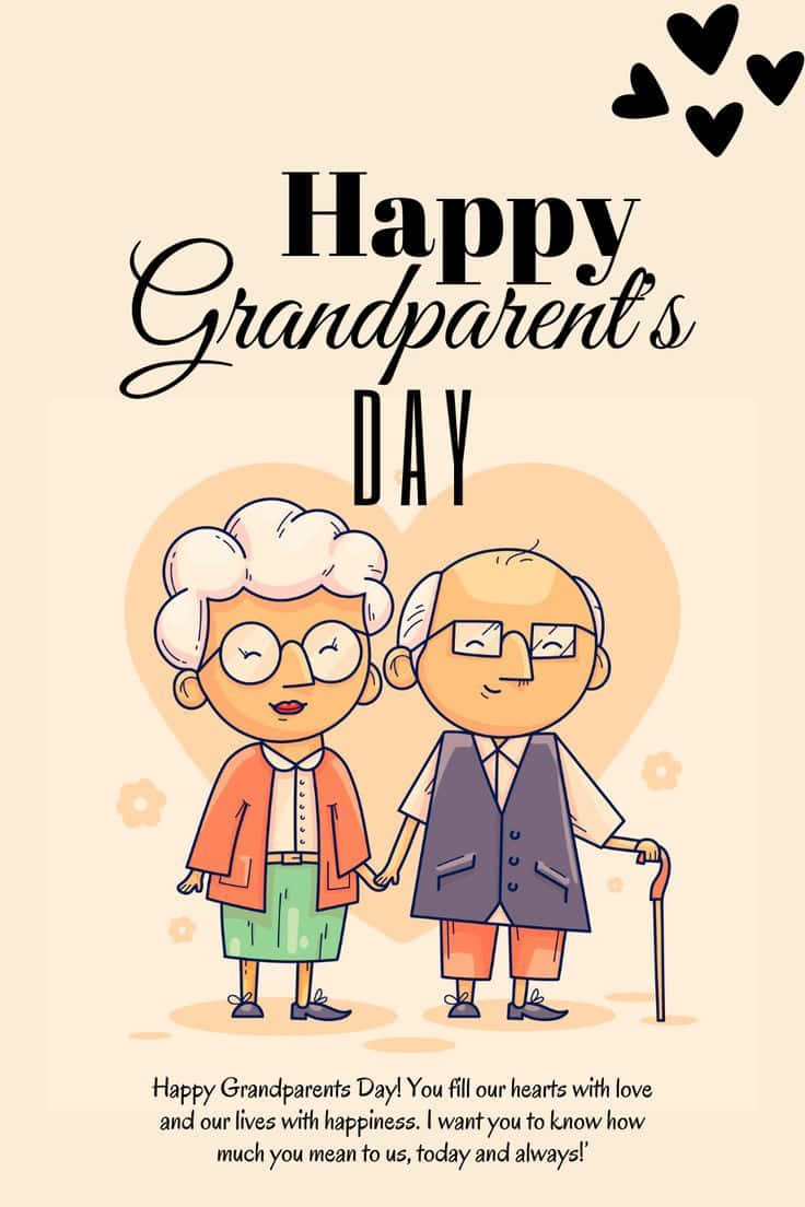 Happy Grandparents Day, cartoon elderly couple, cane, SD Phone Wallpaper