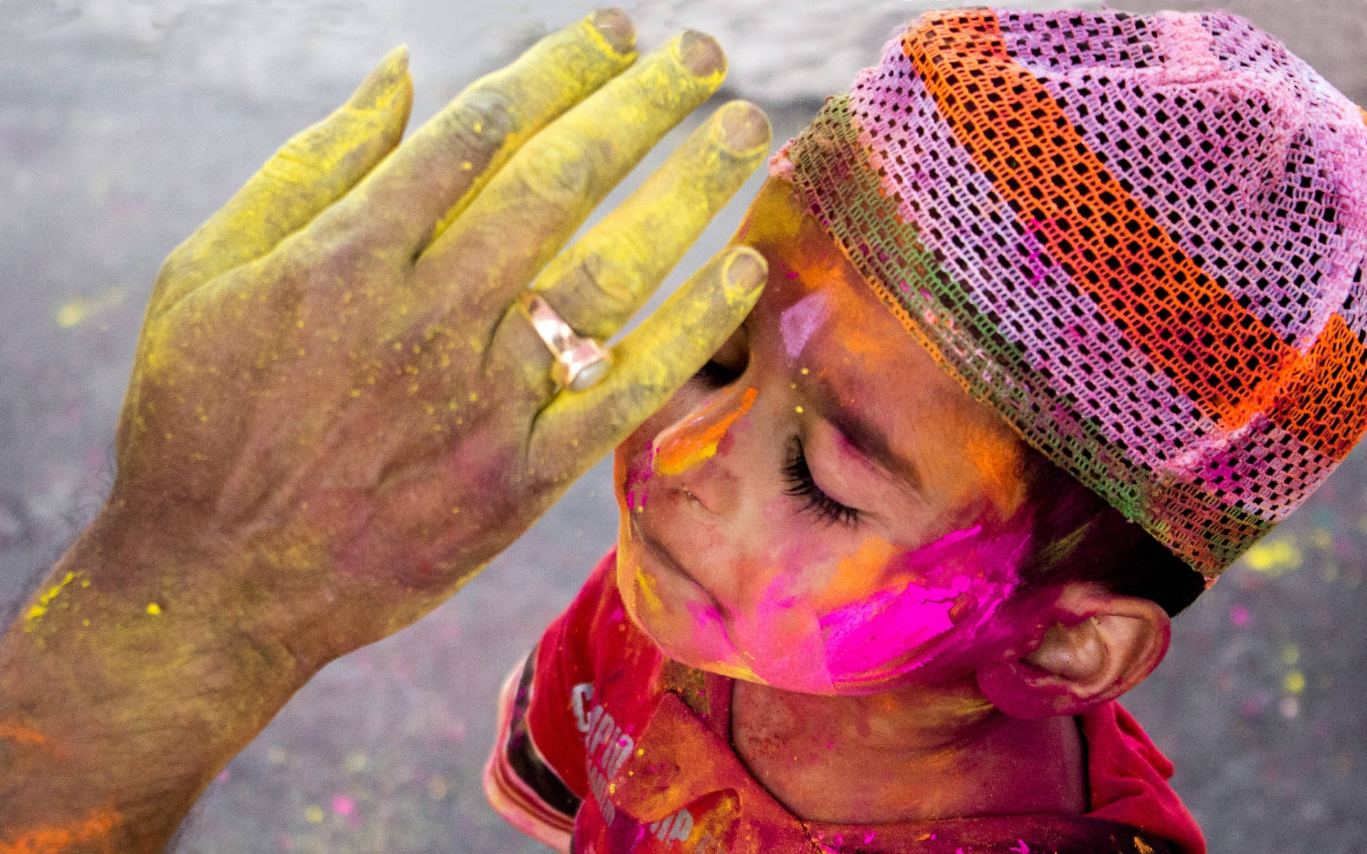 Happy Holi HD, child, colorful mesh hat, Full HD Desktop Wallpaper