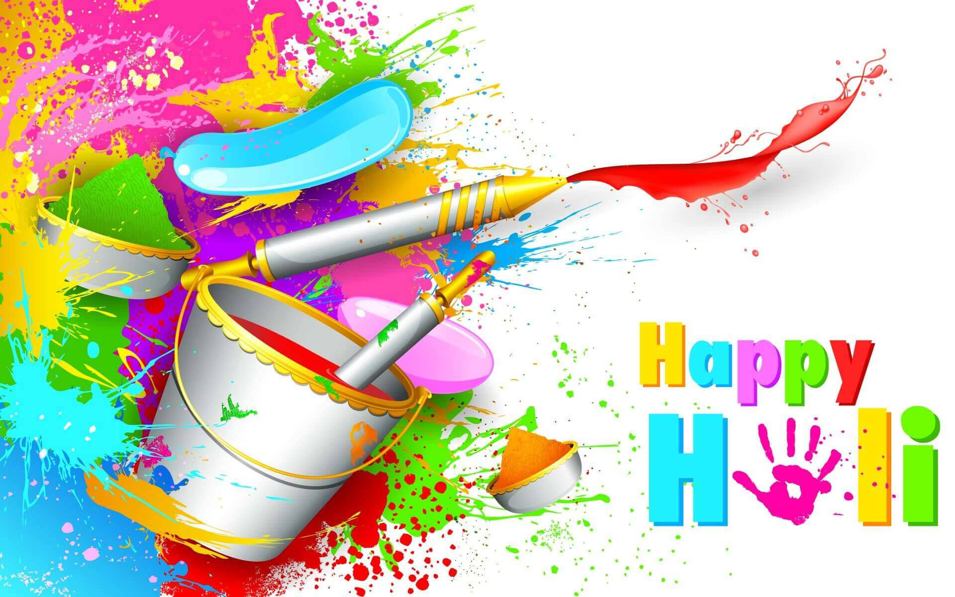 Happy Holi HD, colorful paint splatters, buckets, Full HD Desktop Wallpaper