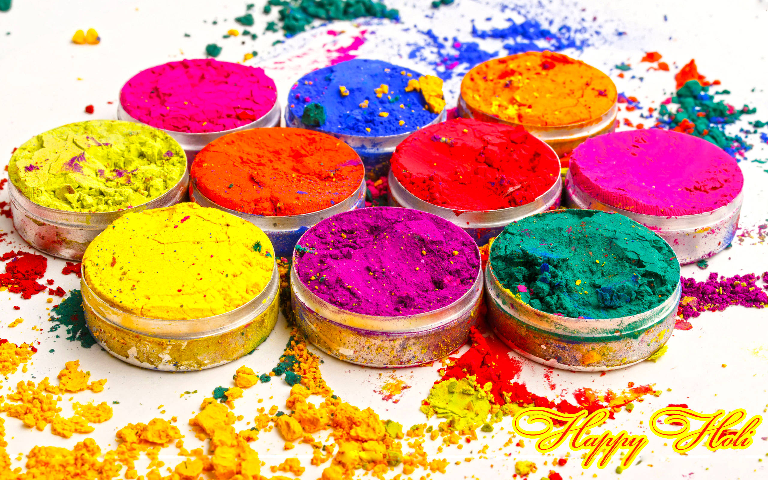 Happy Holi HD, color powders, small jars, 2K Desktop Wallpaper