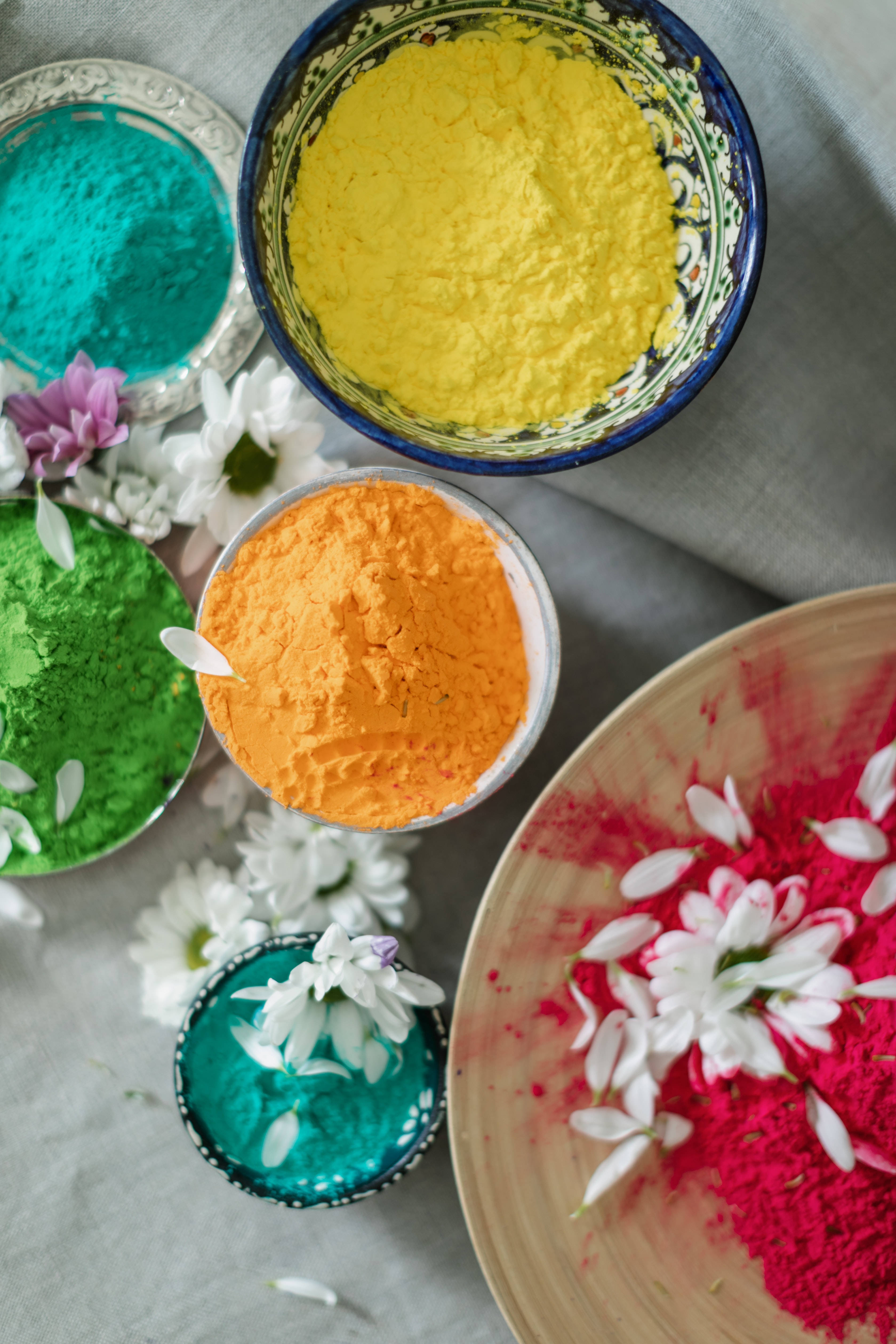 Holi, colored powders, white flowers, 4K Phone Wallpaper