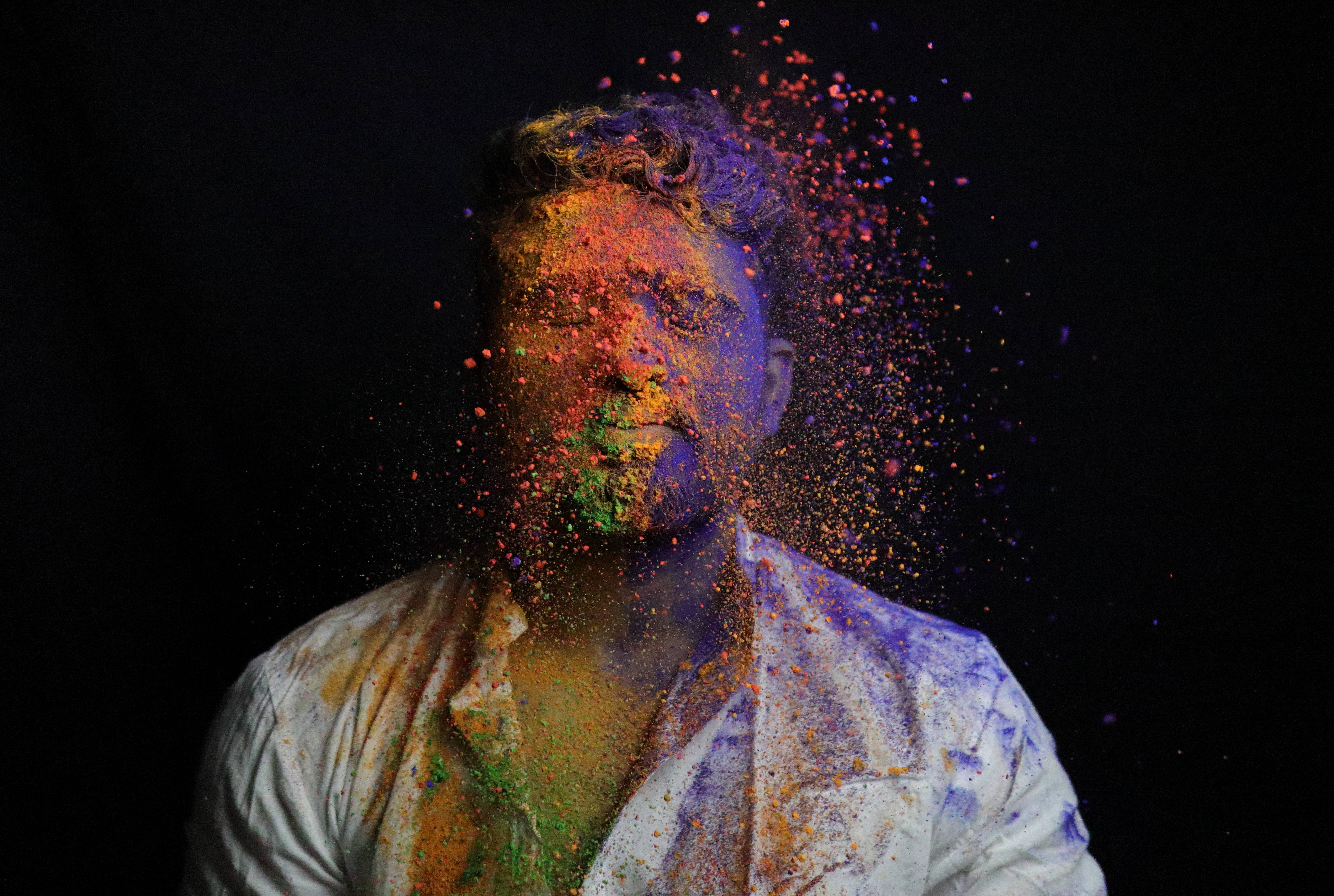 Happy Holi HD, man, vibrant colored powder, 5K Desktop Wallpaper