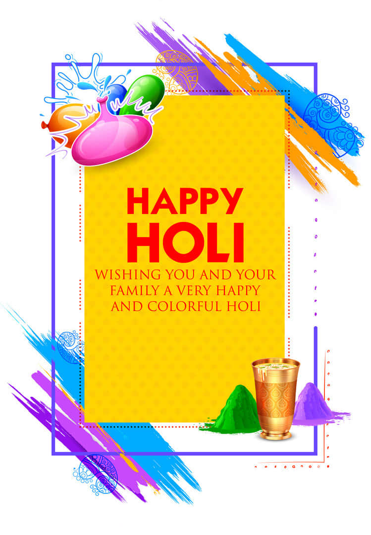 Holi, colorful powder splashes, festive text, SD Phone Wallpaper