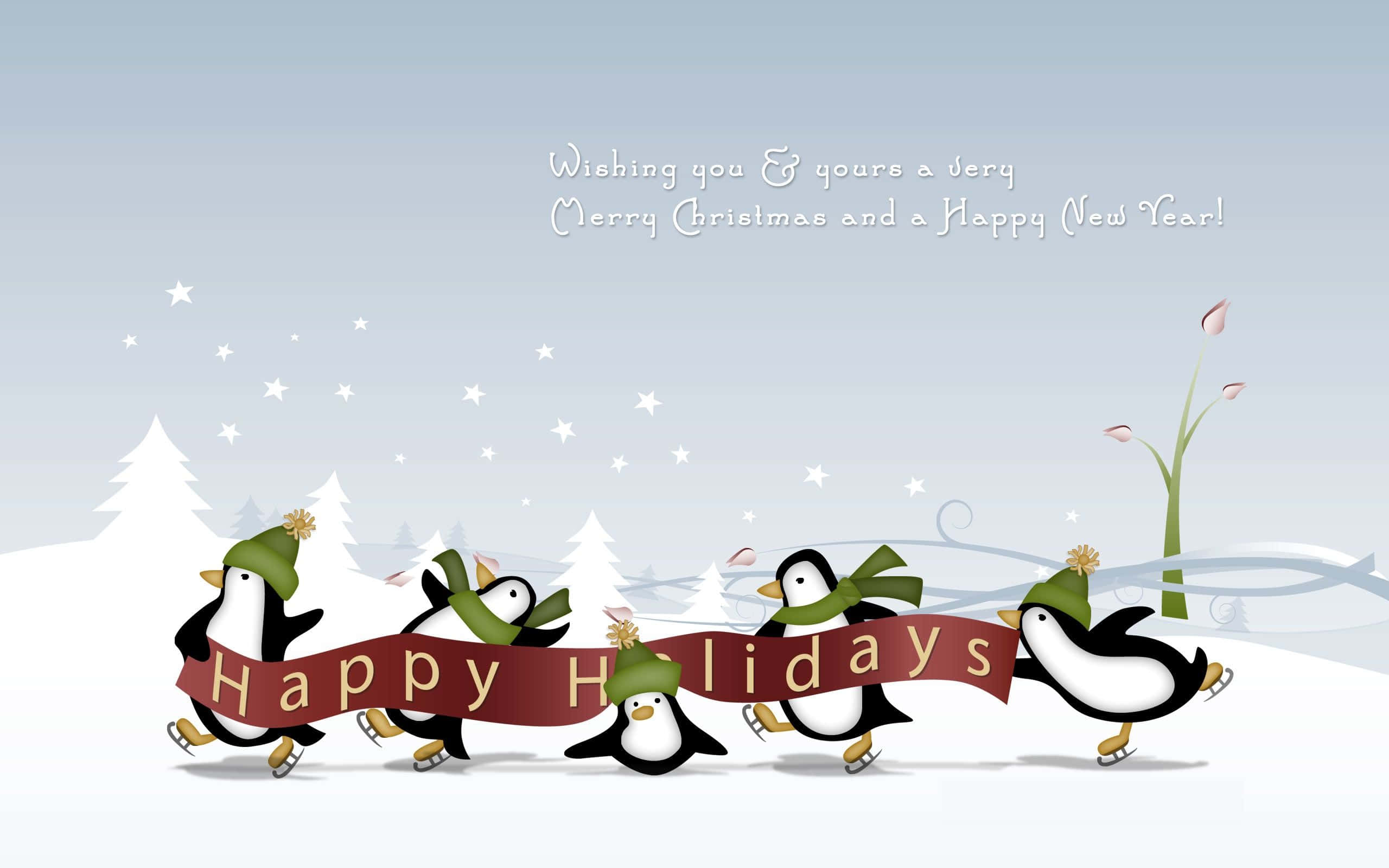Happy Holidays Desktop, penguins, green hats, 2K Desktop Wallpaper