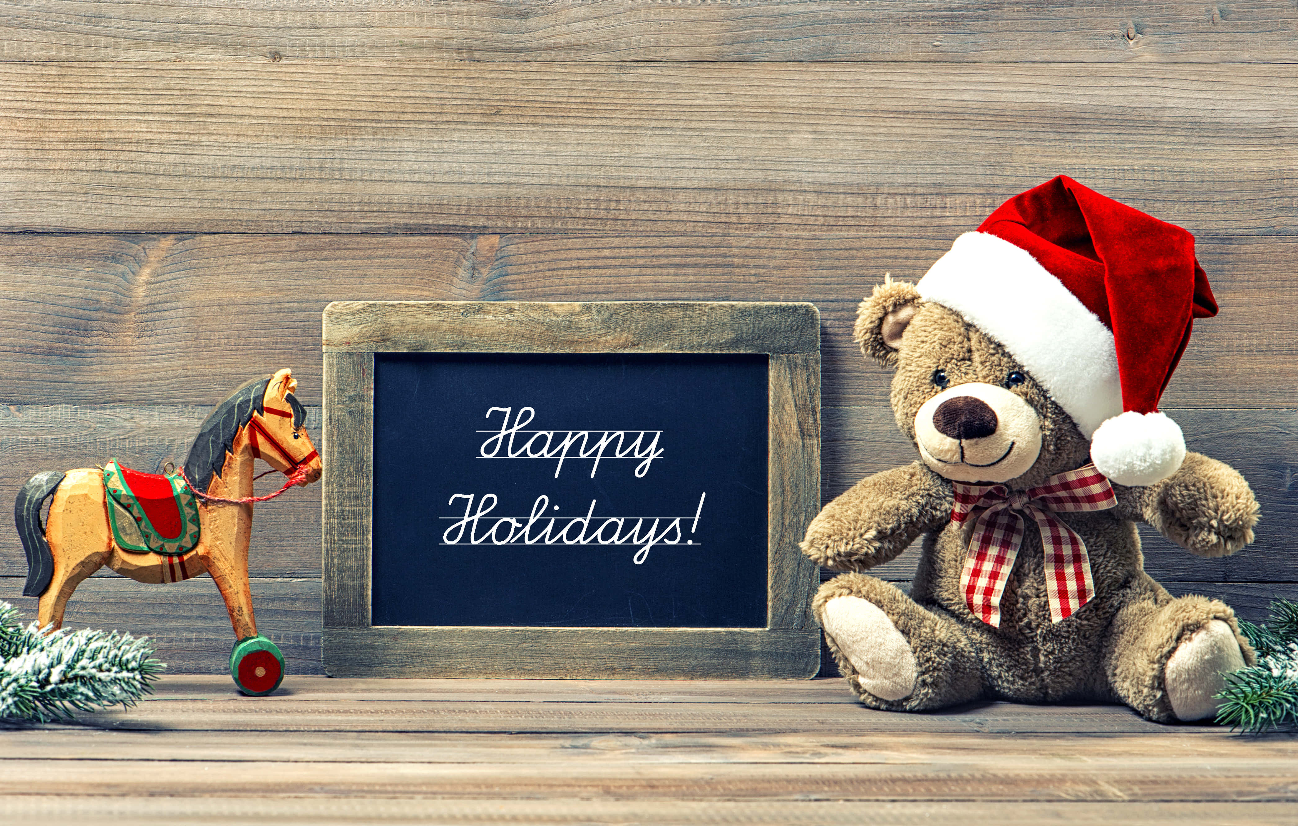 Happy Holidays, teddy bear, Santa hat, 4K Desktop Wallpaper
