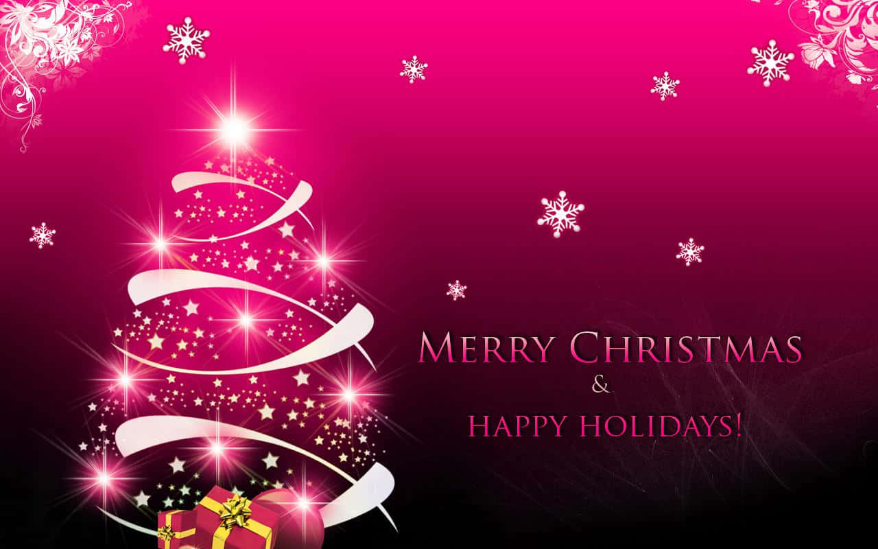 Happy Holidays Desktop, glowing pink Christmas tree, stars, HD Desktop Wallpaper