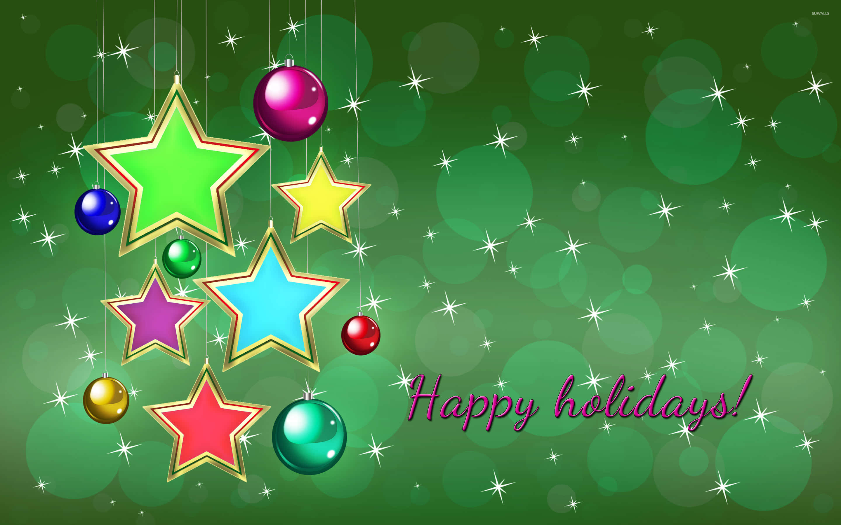 Happy Holidays Desktop, colorful hanging stars, festive ornaments, 2K Desktop Wallpaper