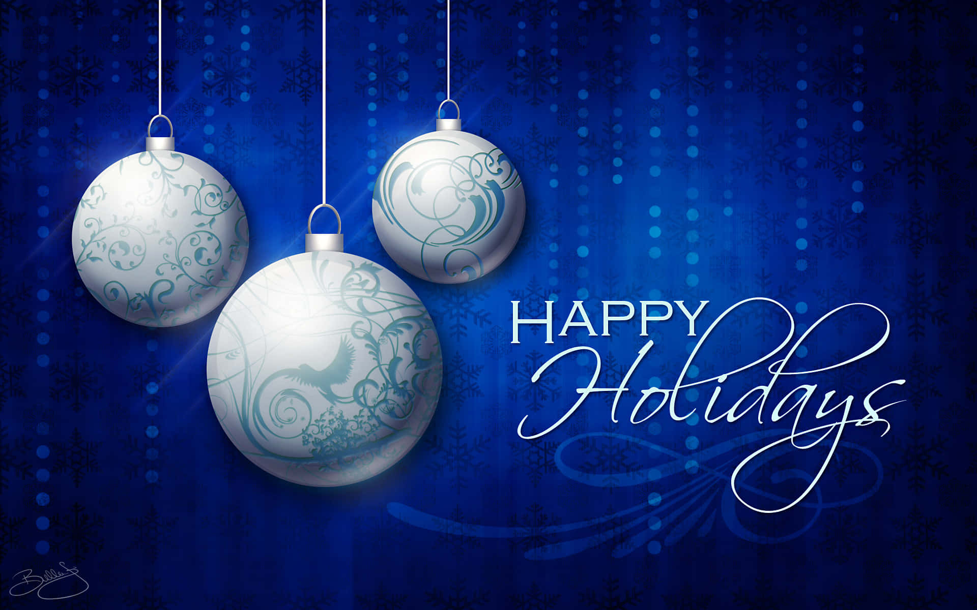 Happy Holidays Desktop, silver Christmas ornaments, deep blue background, Full HD Desktop Wallpaper
