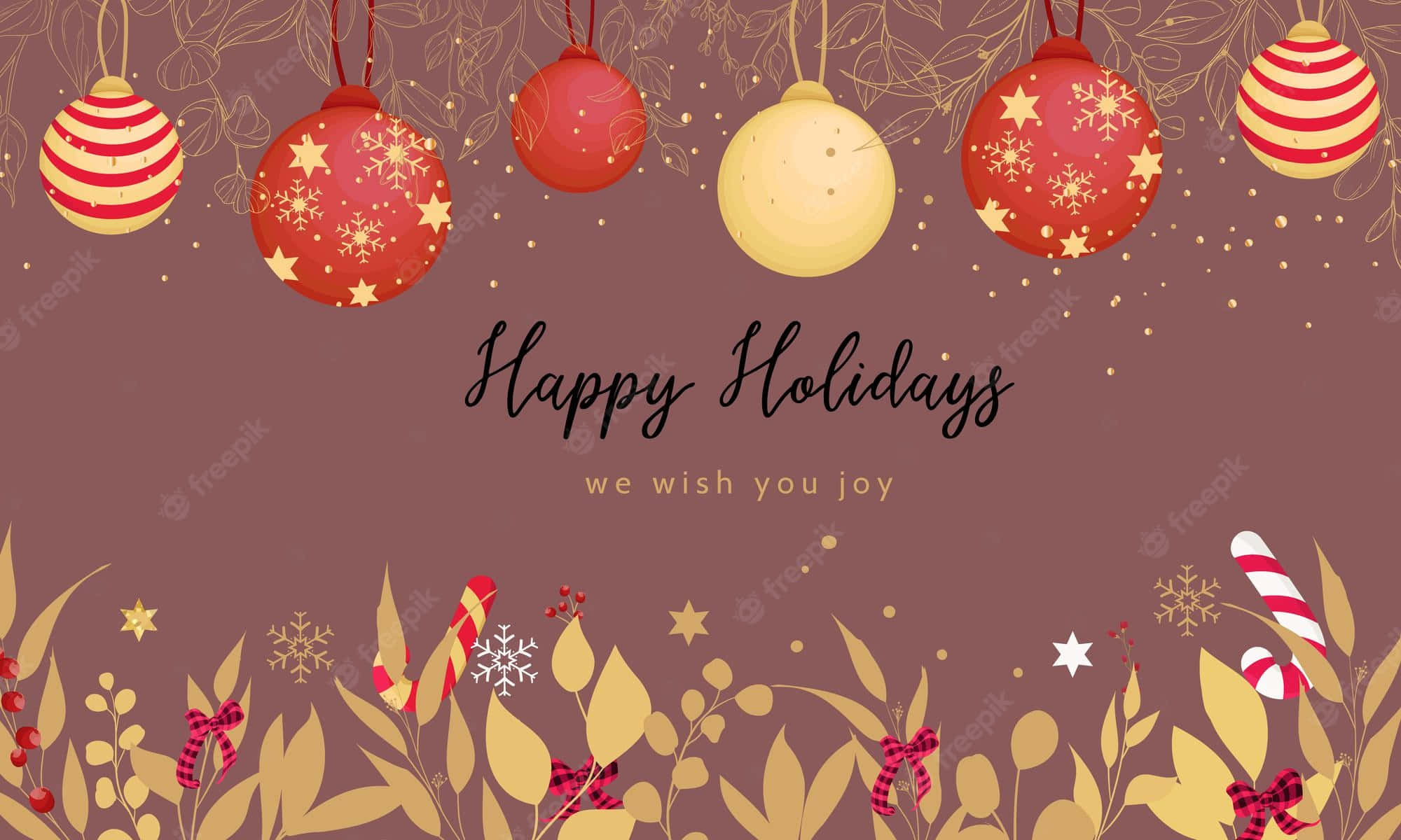 Happy Holidays Desktop, gold foliage, candy canes, Full HD Desktop Wallpaper