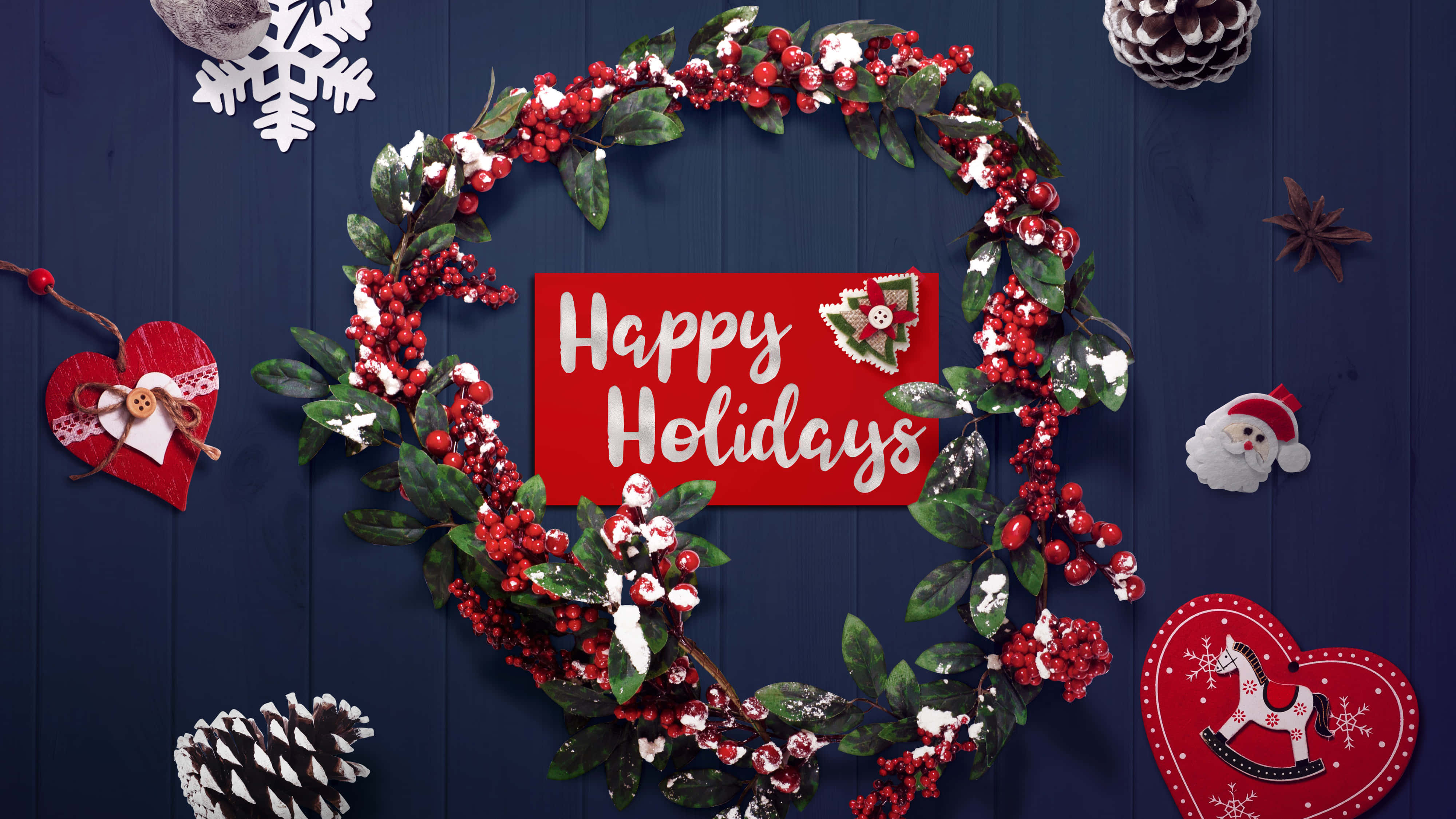 Happy Holidays, red and green holiday wreath, berries, 4K Desktop Wallpaper