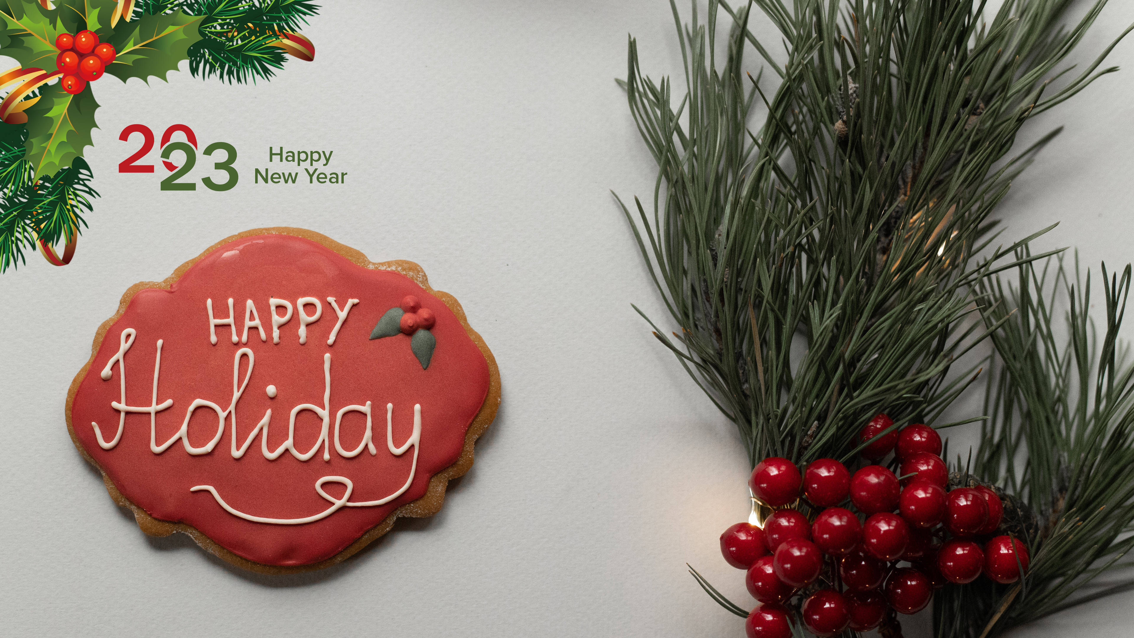Happy Holiday, red frosted cookie, pine sprigs, 4K Desktop Wallpaper