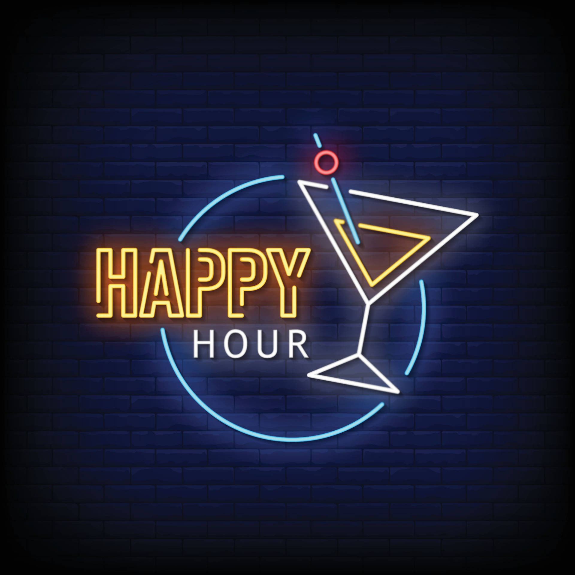 HAPPY HOUR, neon sign, cocktail glass, Full HD Desktop Wallpaper