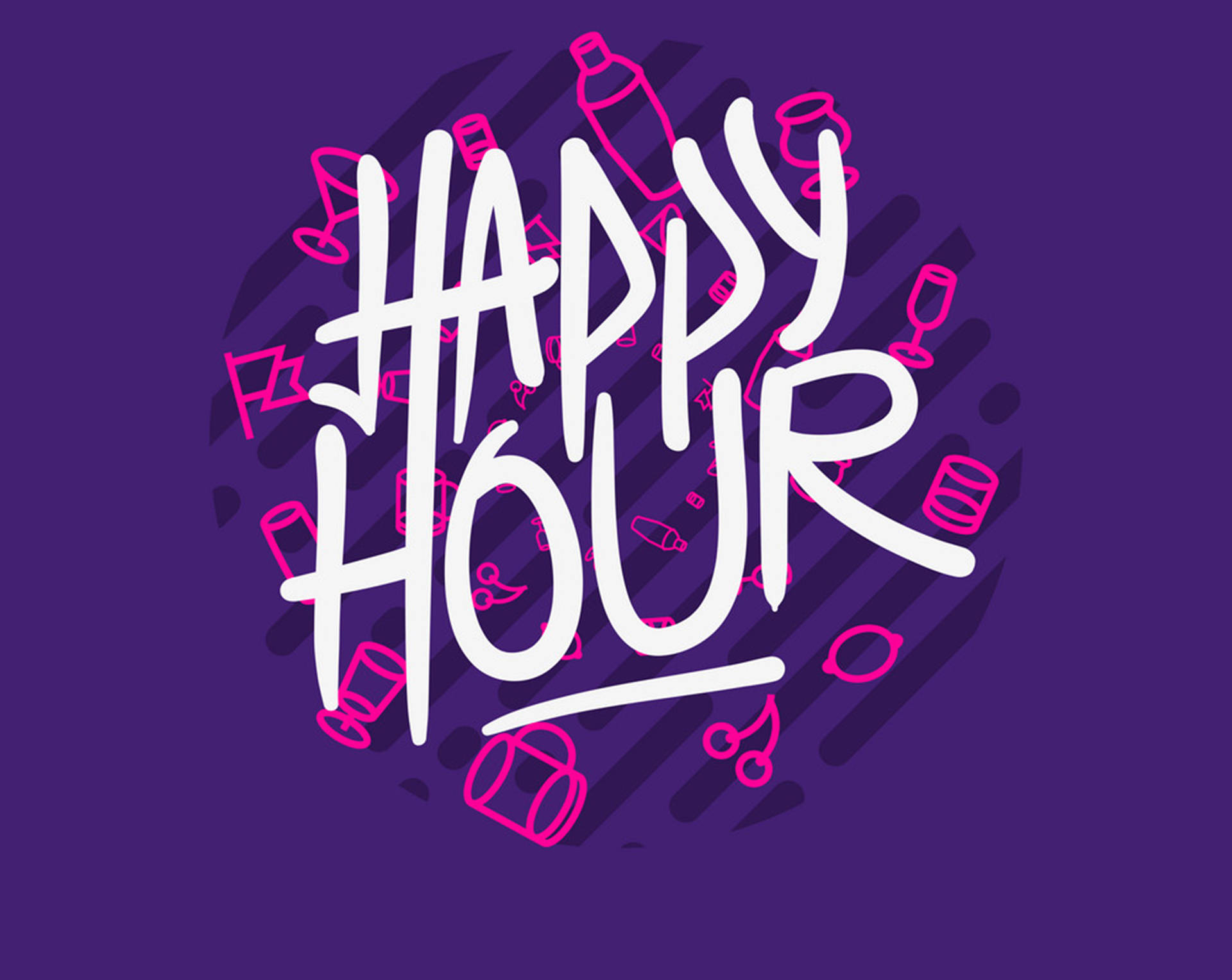 Happy Hour, pink drink icons, deep purple background, Full HD Desktop Wallpaper