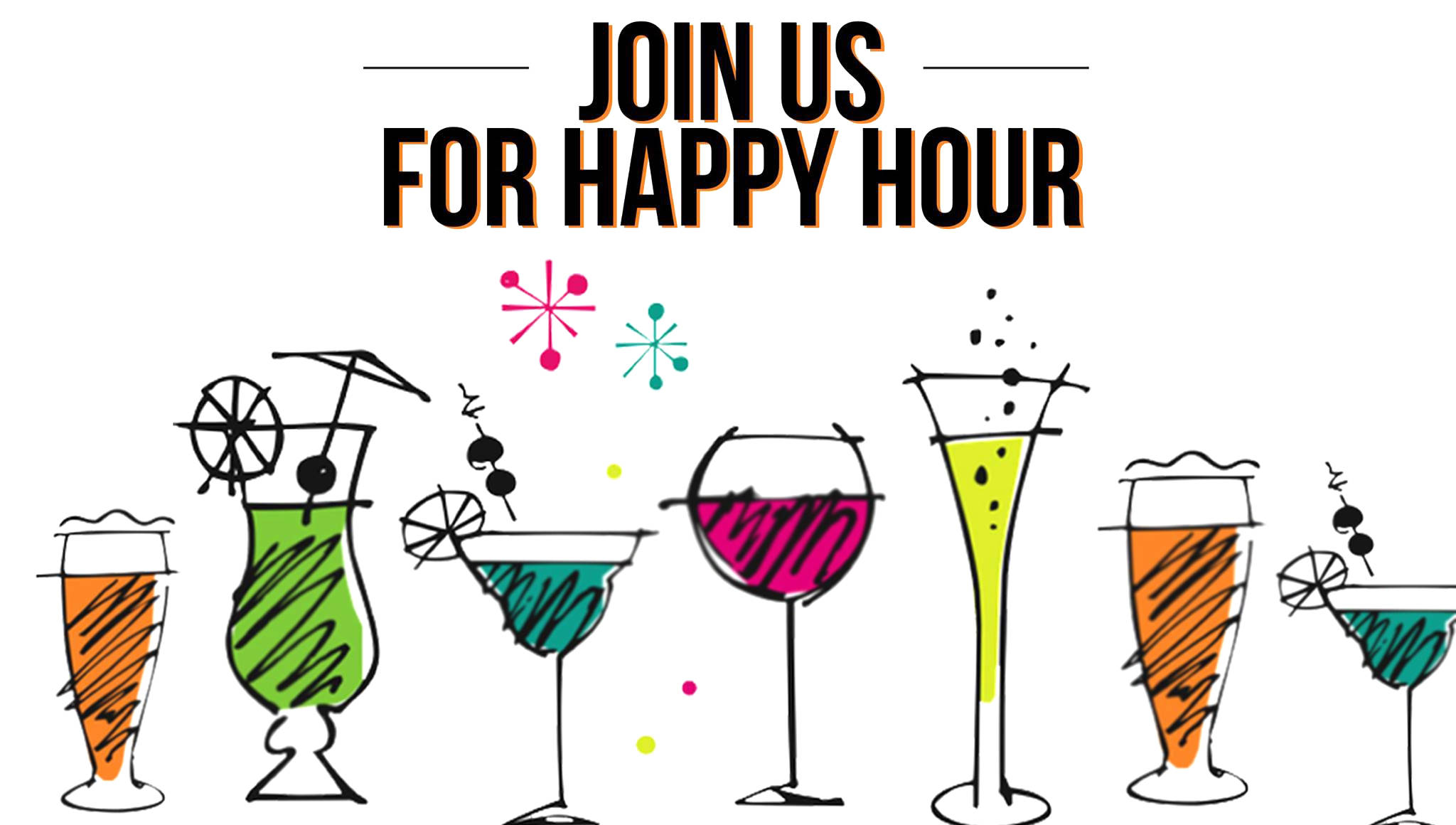 Happy Hour, cocktail sketch, vibrant hand-drawn cocktail glasses, Full HD Desktop Wallpaper
