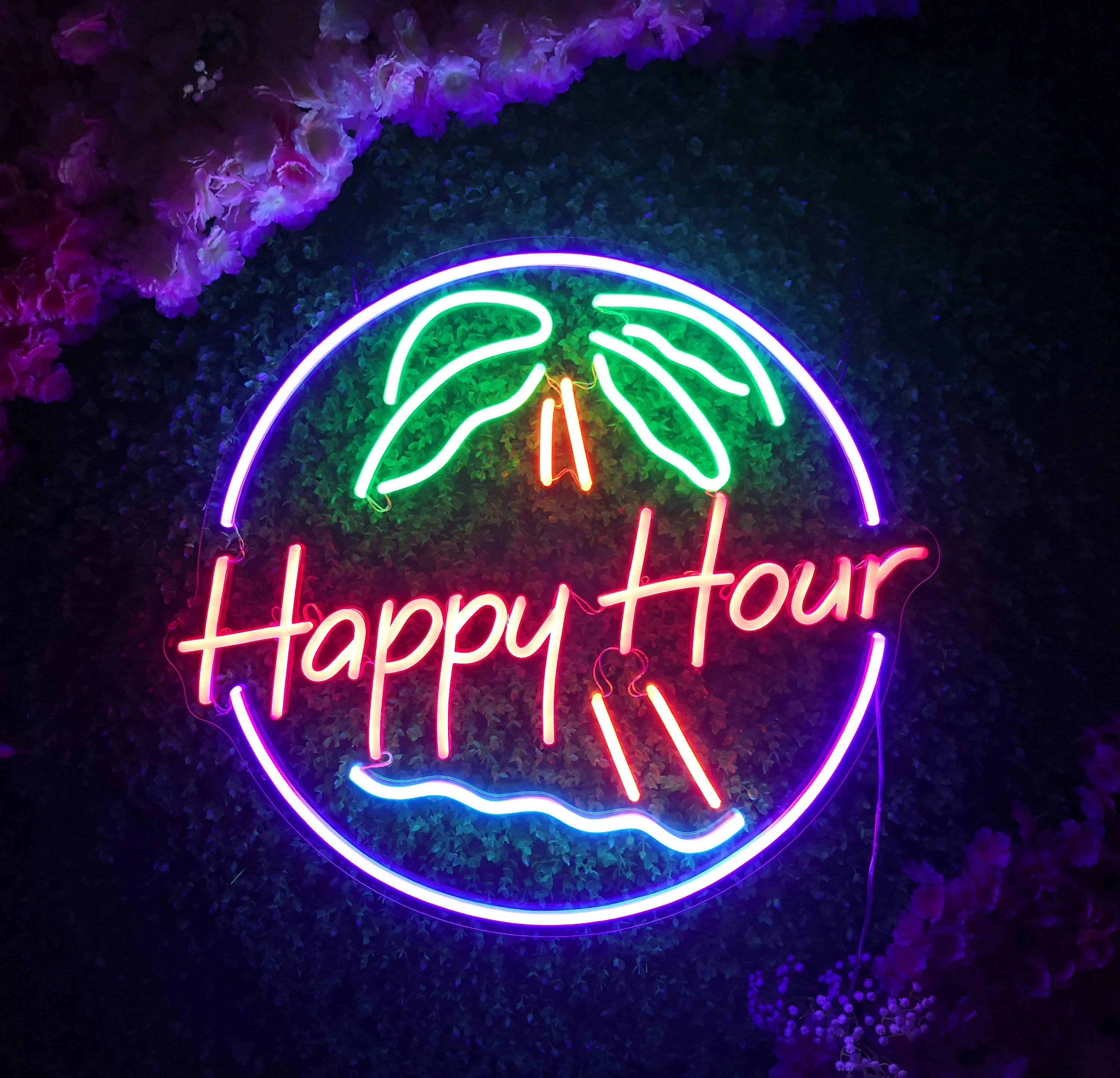 Happy Hour, neon sign, pink green and blue hues, 2K Desktop Wallpaper