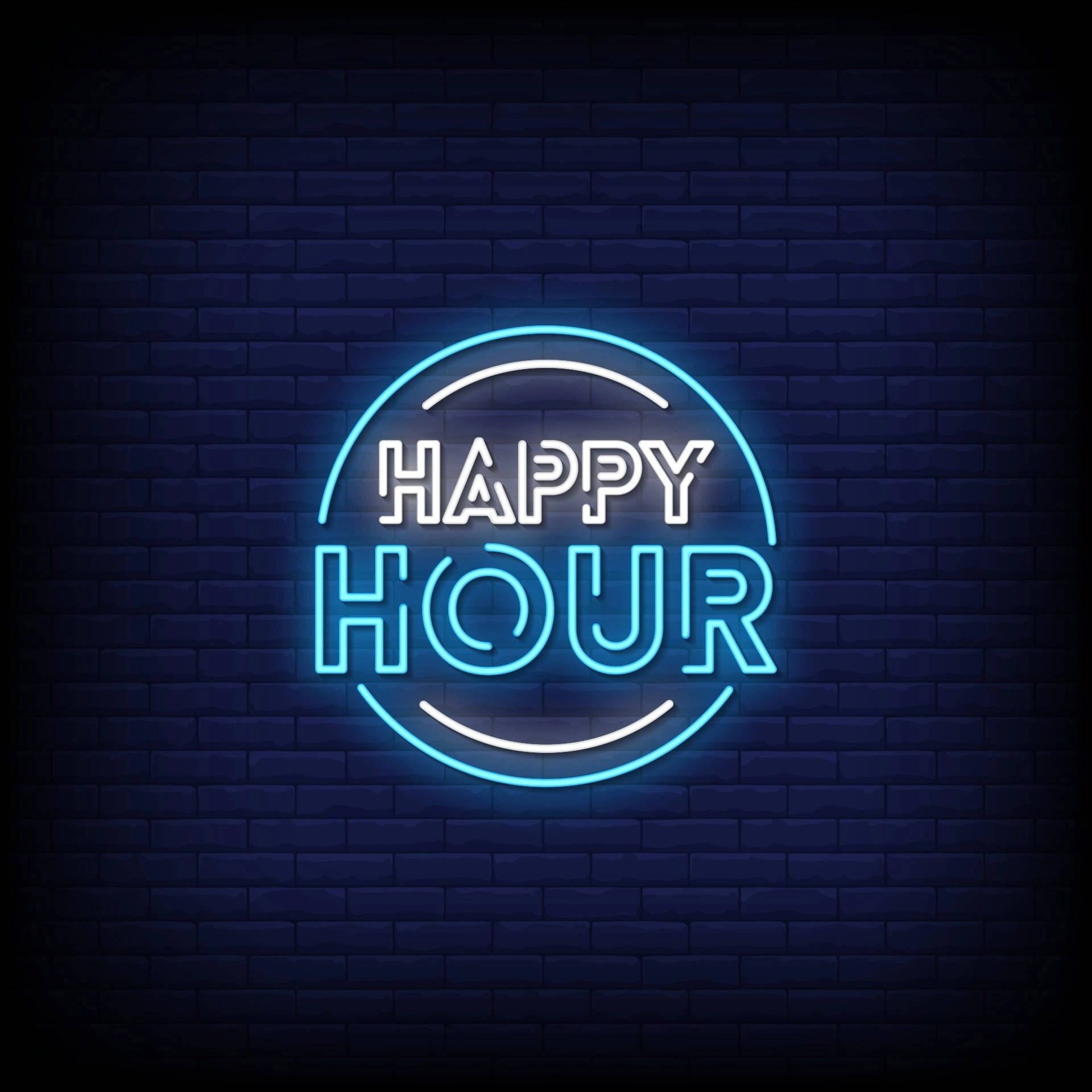 HAPPY HOUR, blue neon sign, dark brick wall, Full HD Desktop Wallpaper