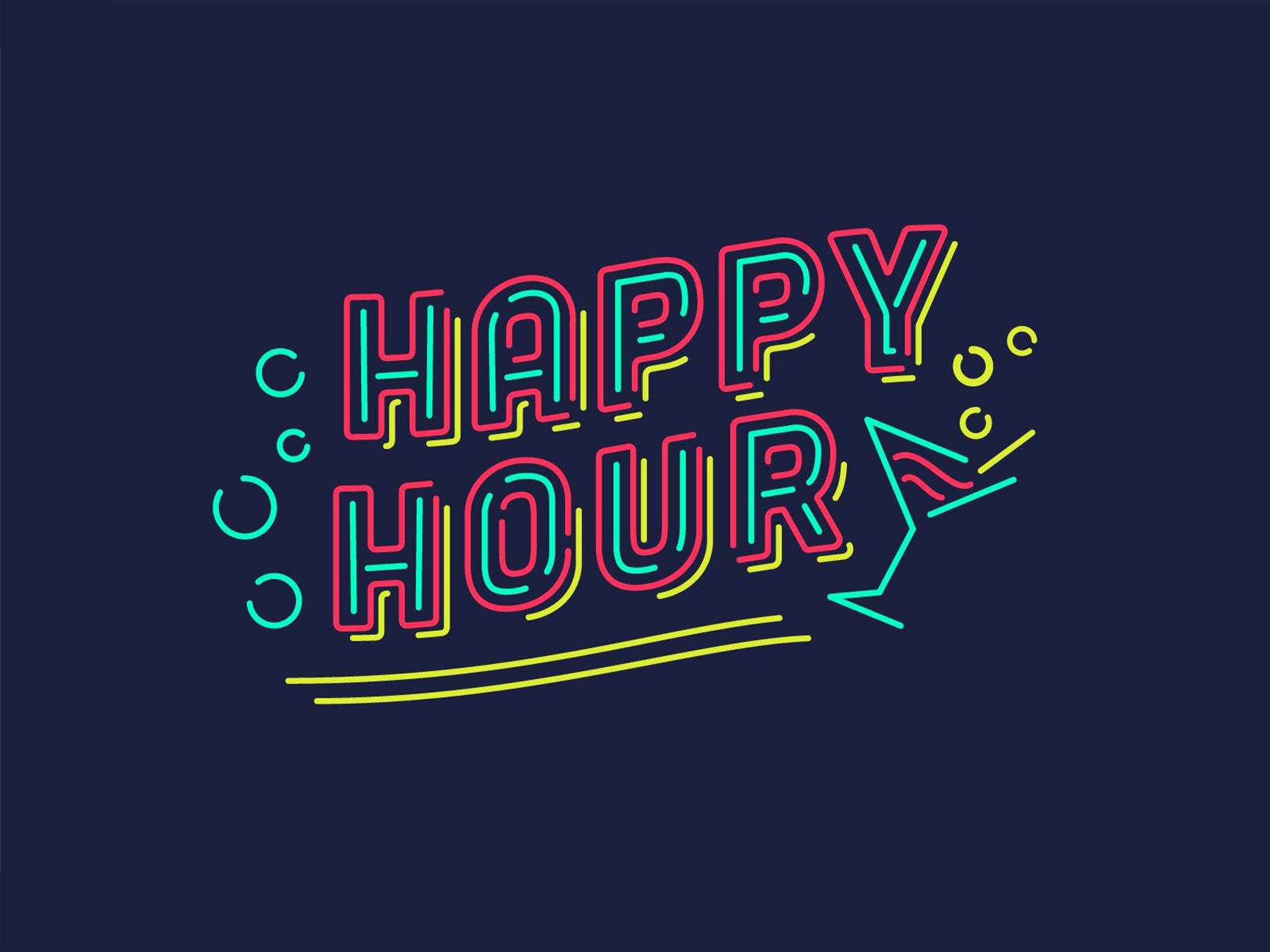 Happy Hour, neon-style, cocktail glass, Full HD Desktop Wallpaper