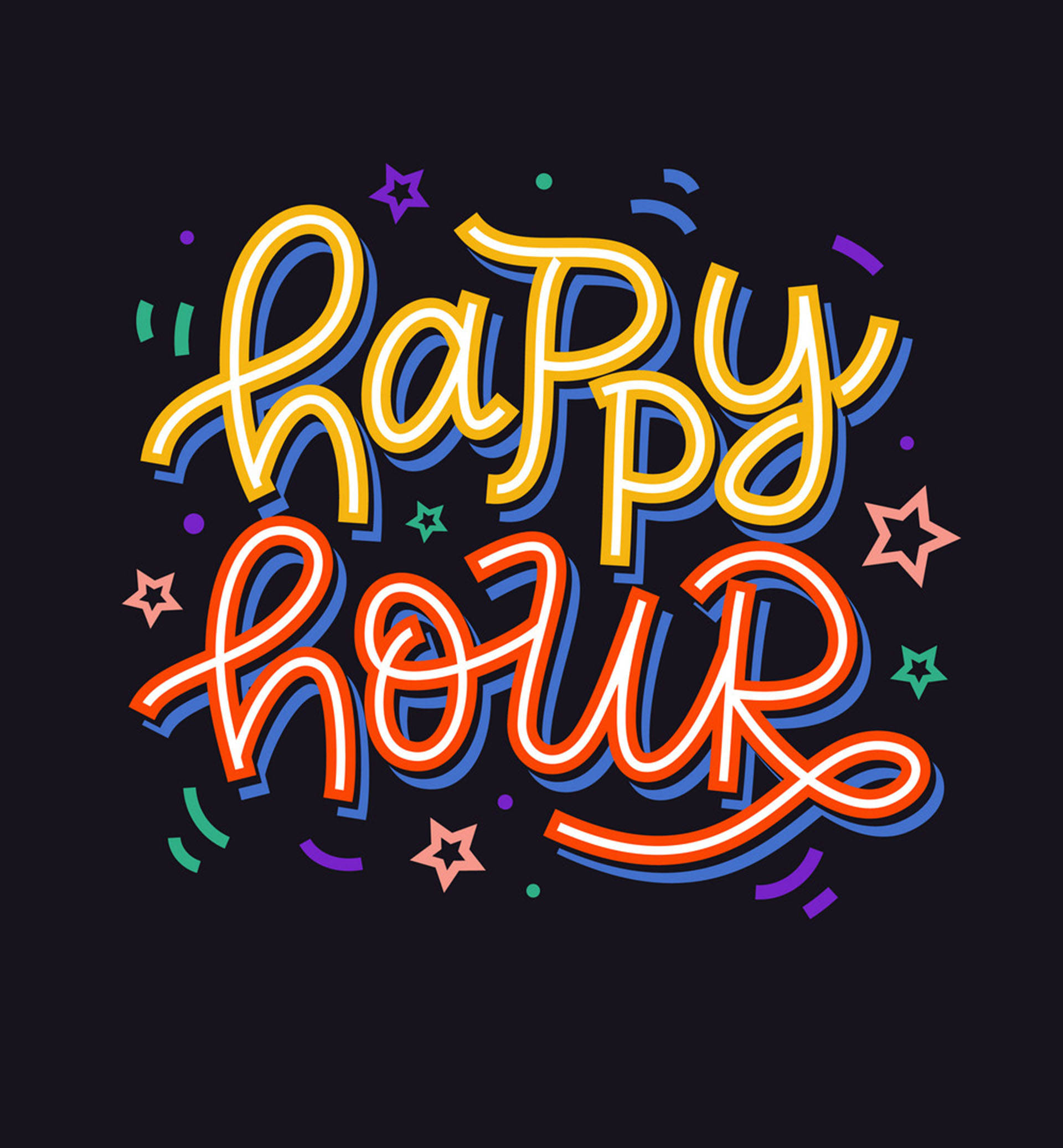 Happy Hour, neon-style, colorful stars, Full HD Phone Wallpaper